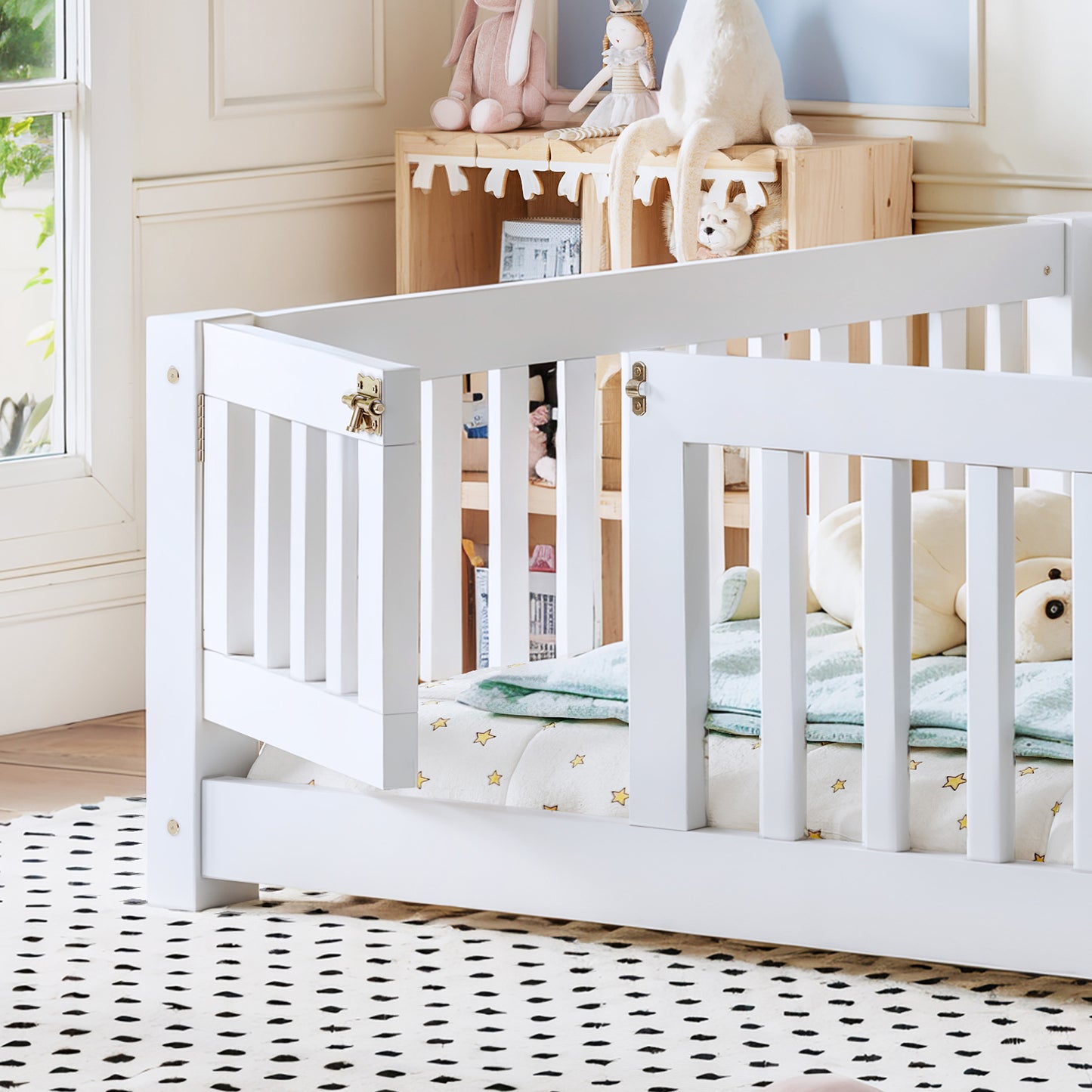 variant-group:rf-w1580p462317|Roomfitters Full Size Wooden Floor Bed Frame with Safety Guardrails Door, Solid Wood Low Profile Toddler Play Bed, White