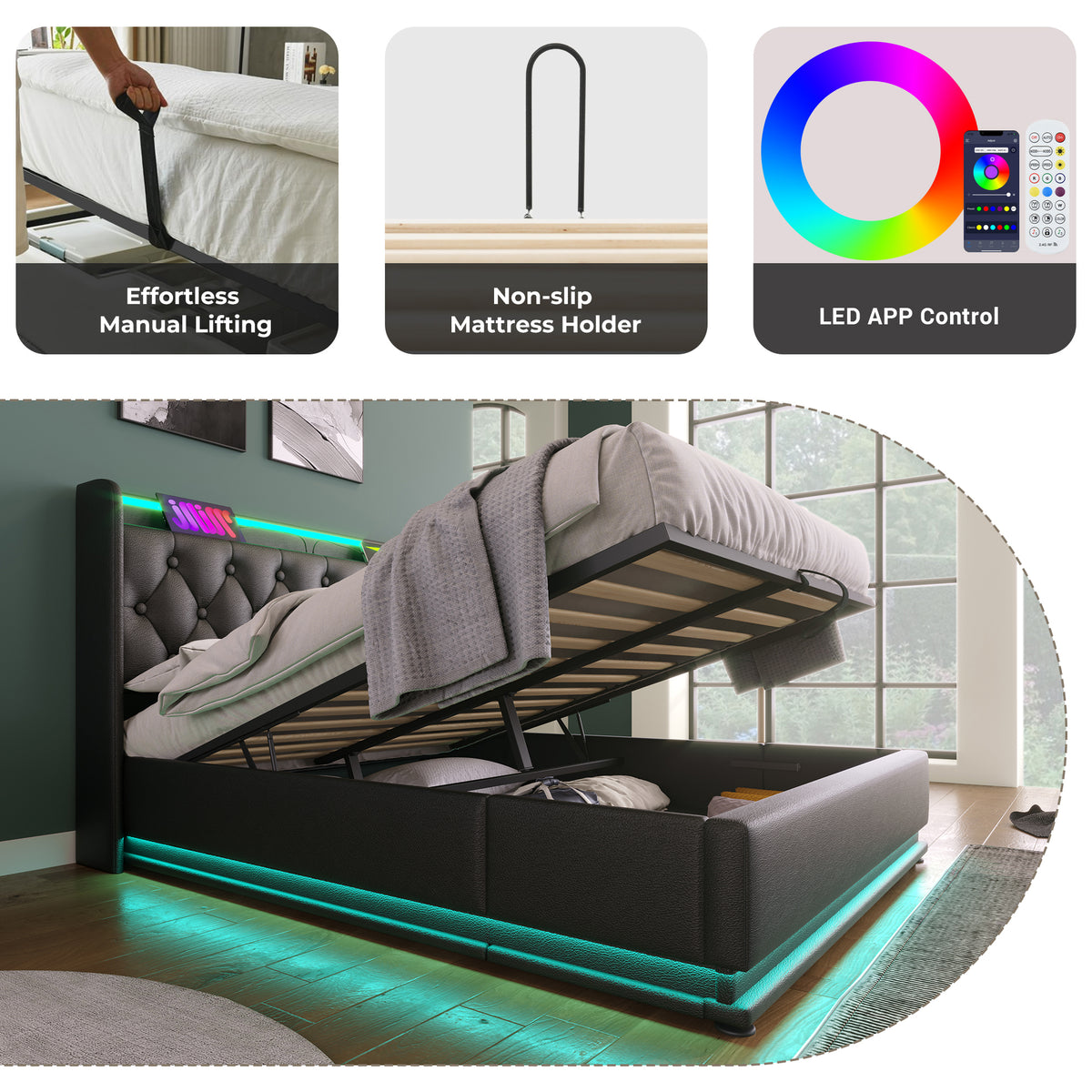 variant-group:rf-n736p188807b|Roomfitters Queen Size Upholstered Storage Bed with USB Type-C Charging and Remote Control, Faux Leather Black