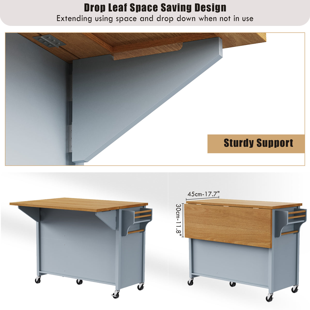variant-group:rf-n707p195393g|Roomfitters 52" Kitchen Island with Drop Leaf, Rolling Kitchen Cart with Storage Cabinet, Spice Rack, Towel Rack, Adjustable Shelf, Blue Grey