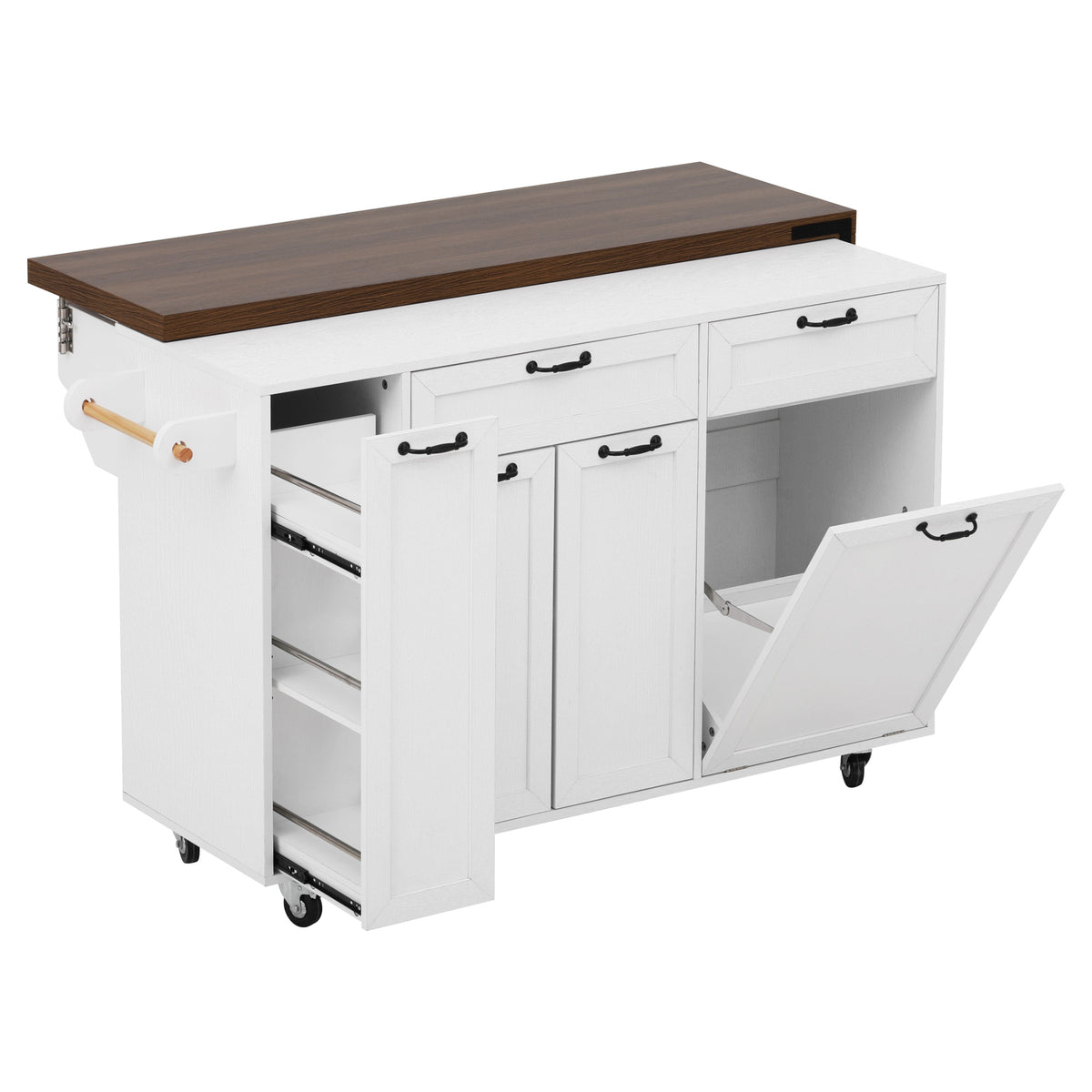 variant-group:rf-n707s000026w|Roomfitters 102.3" Kitchen Island with Tilt Out Trash Can Cabinet, Rolling Storage Cart, Slide-out Spice Rack, White