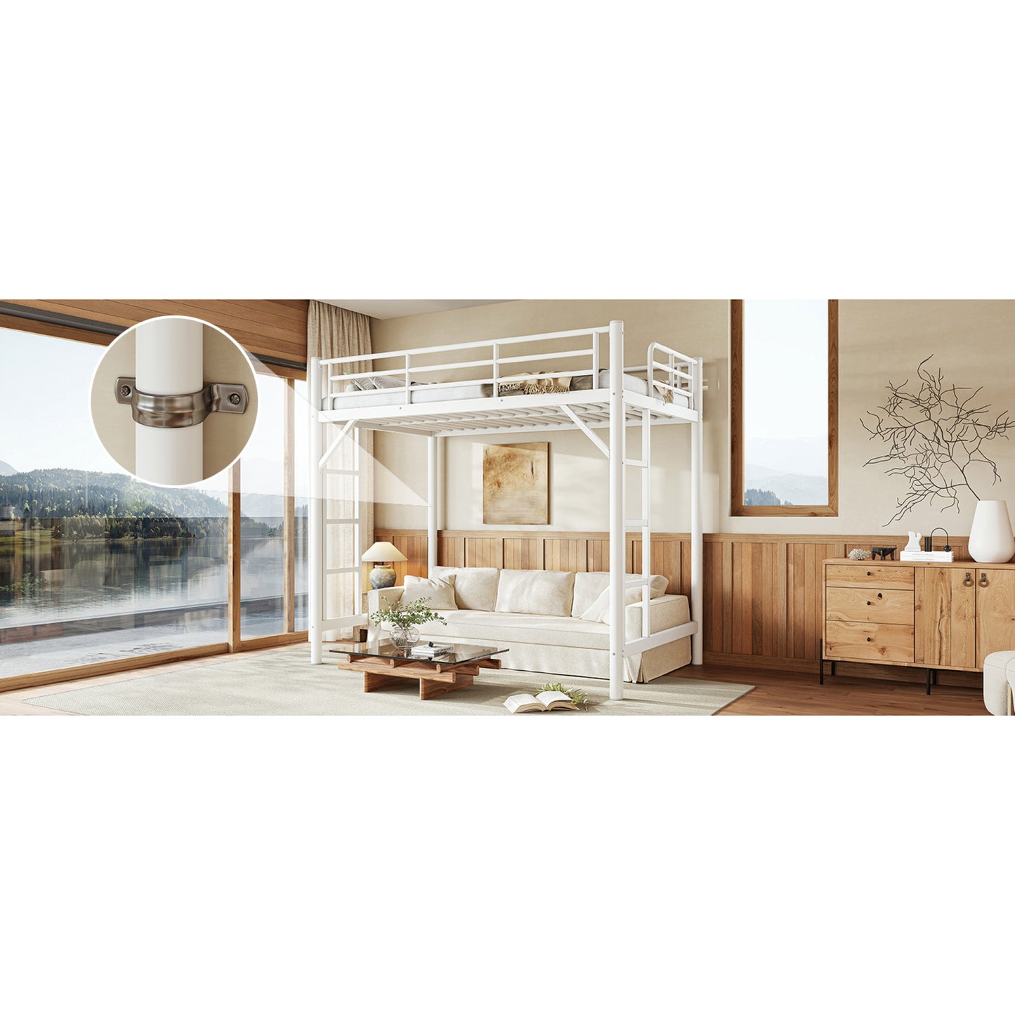 variant-group:rf-w1580p455012|Roomfitters Twin Size Metal Loft Bed Frame with Guardrails, Heavy Duty Space Saving High Loft Bed Dual Ladders, White