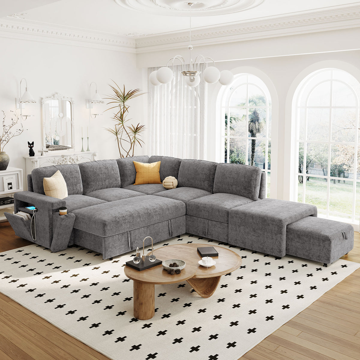 variant-group:rf-n711wy000390aae|Roomfitters L-Shaped Padded Modular Sofa with Storage Space, USB Ports, and Cup Holders on the Armrests, Suitable for Living Rooms, Offices, and Apartments, Gray