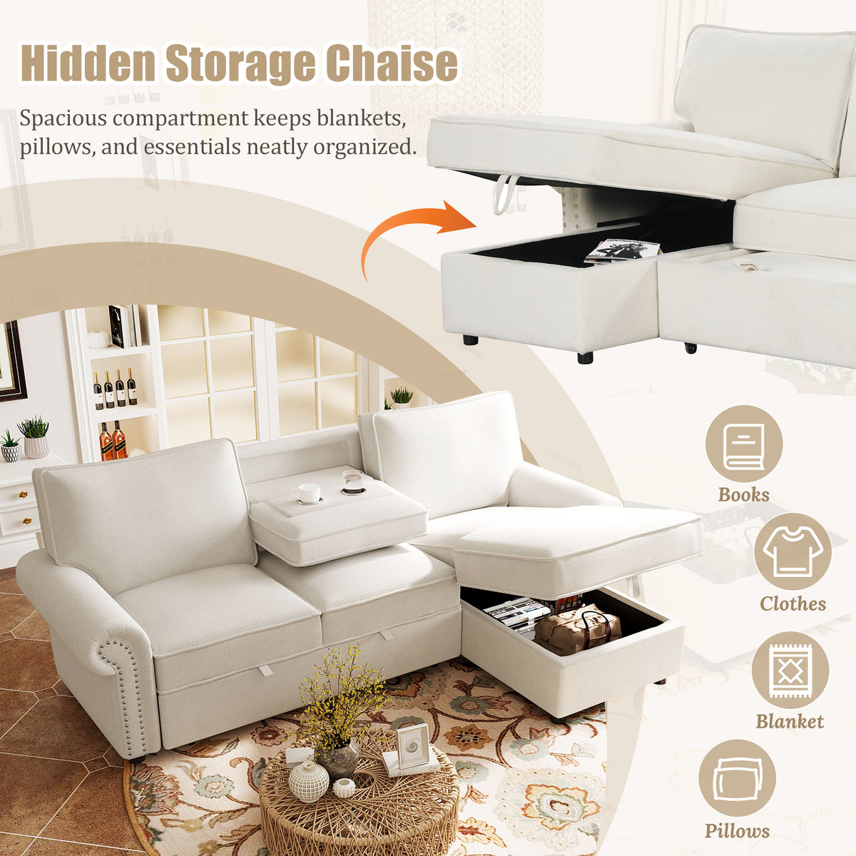 variant-group:rf-n711wy000466aaa|Roomfitters 95" Convertible Sectional Sleeper Sofa L-Shaped Couch with Storage Chaise and Pull Out Bed for Living Room, Beige