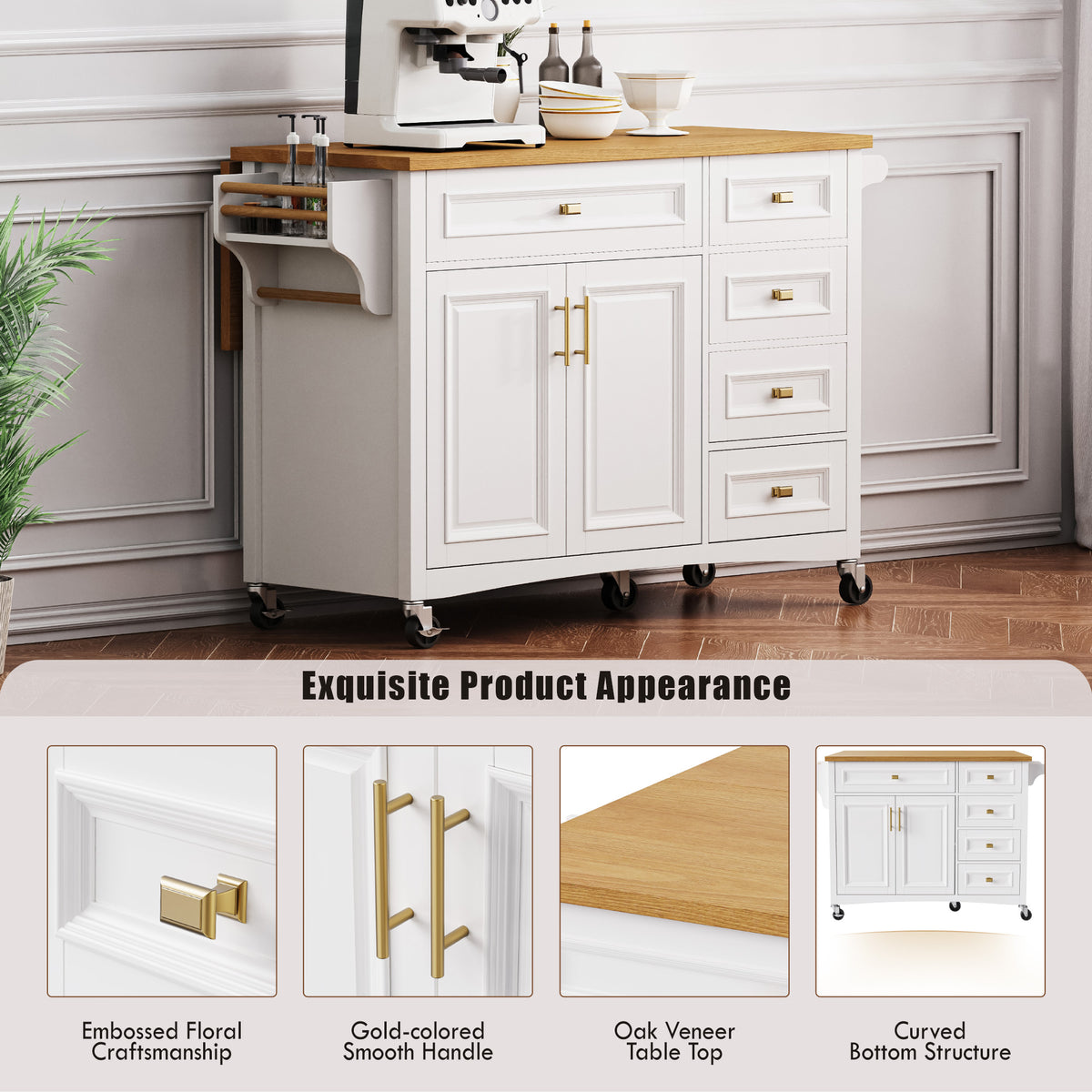 variant-group:rf-n707p195393w|Roomfitters 52" Kitchen Island with Drop Leaf, Rolling Kitchen Cart with Storage Cabinet, Spice Rack, Towel Rack, Adjustable Shelf, White