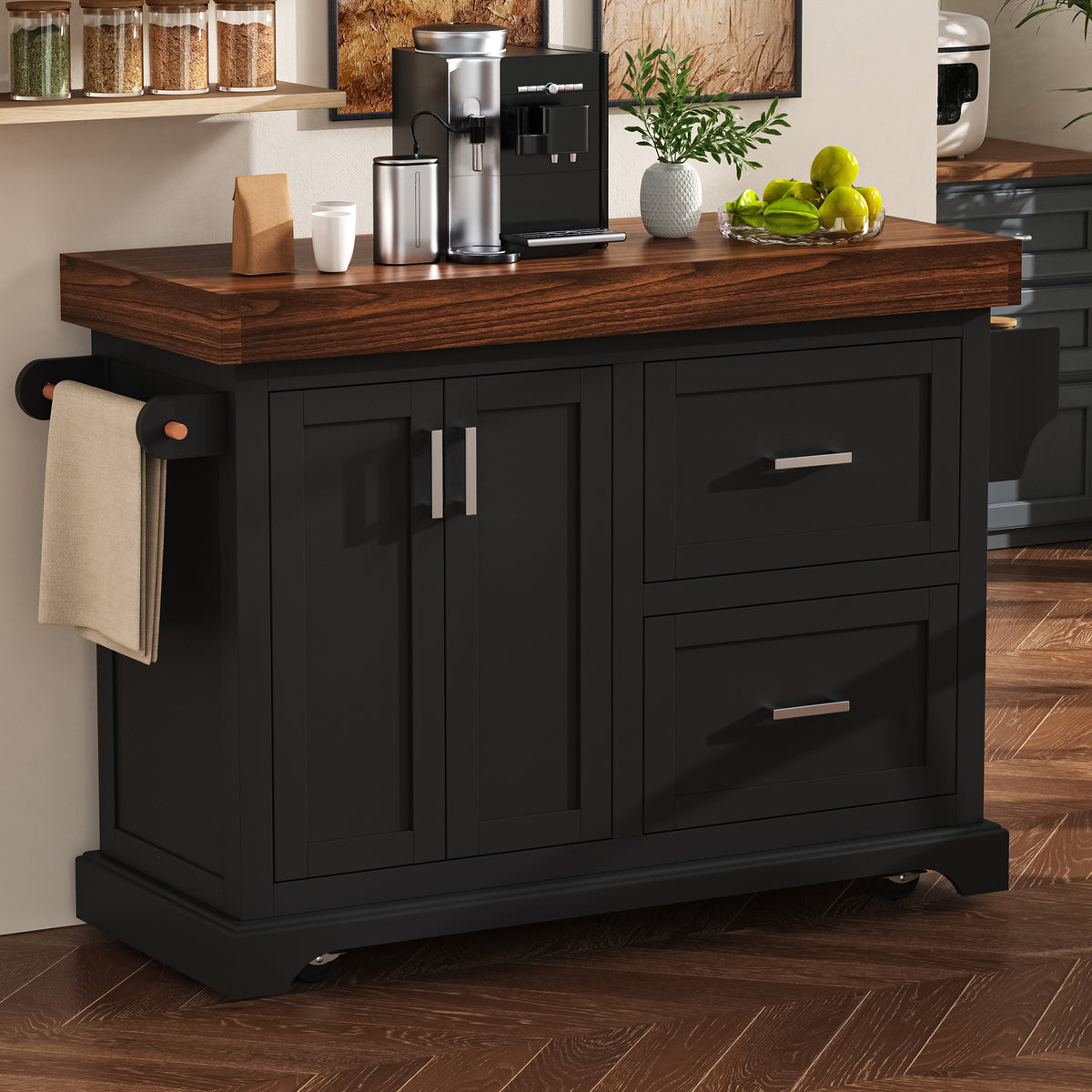 variant-group:rf-n707s000025b|Roomfitters 53" Kitchen Island with Butcher Block Top, Storage Cabinet with Drawers, Spice Rack and Towel Holder, Black