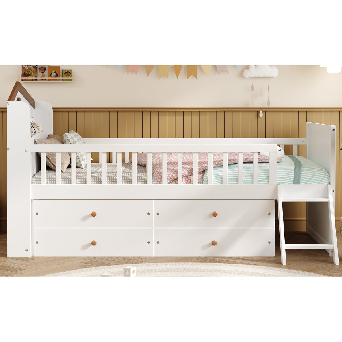 variant-group:rf-n733s278032k|Roomfitters Twin Platform Bed Frame with Four Drawers, Wooden Kids Bed with Guardrail Headboard and Ladder, White