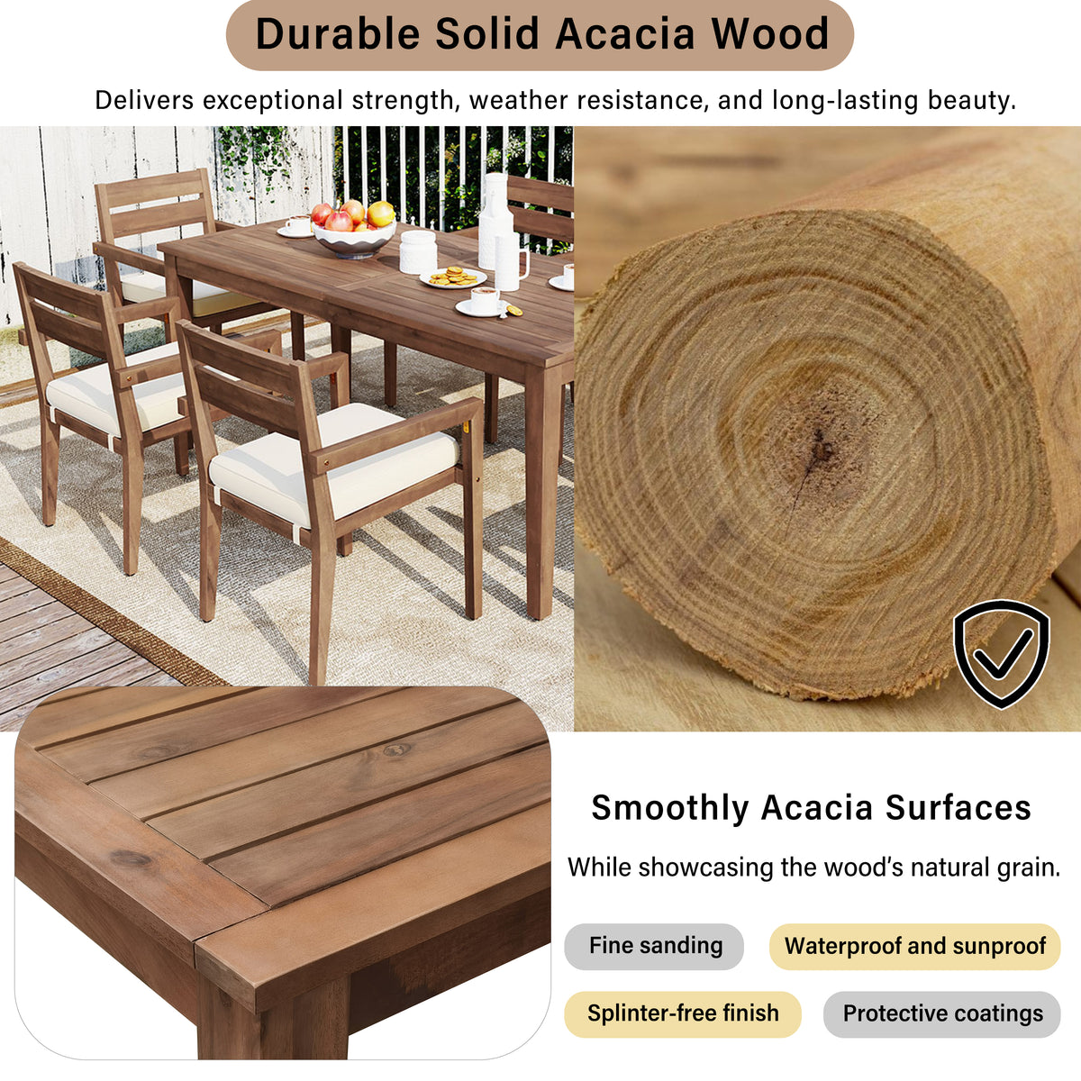 variant-group:rf-n711wy000459aad|Roomfitters 7-Piece Acacia Wood Outdoor Dining Set with Cushions, 6 Armchairs and Rectangular Table for Patio Garden, Burly Wood