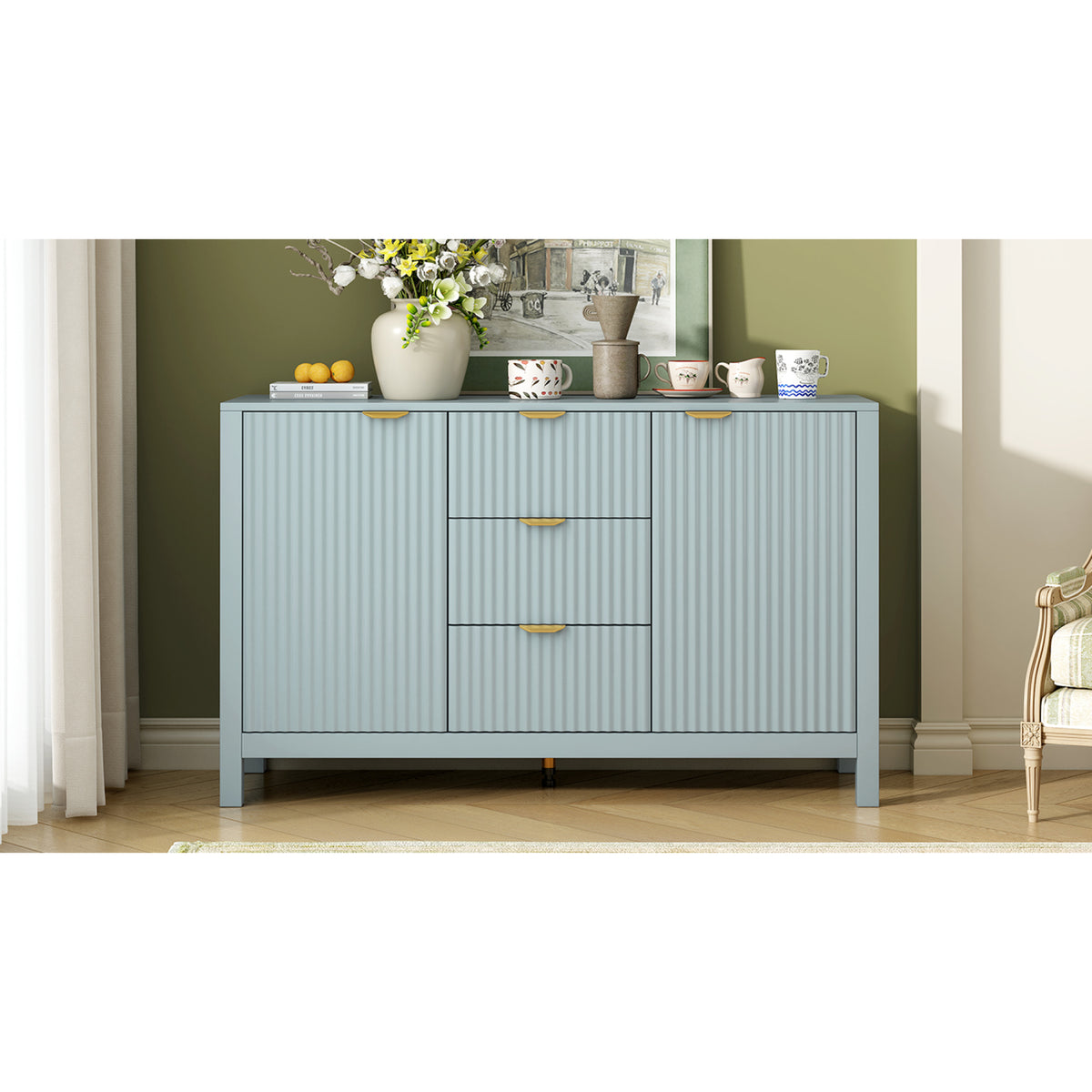 variant-group:rf-n711p269066c|Roomfitters Sideboard Buffet Cabinet with 3 Drawers, Mid-century Modern Fluted Accent Storage for Kitchen & Dining, Cyan
