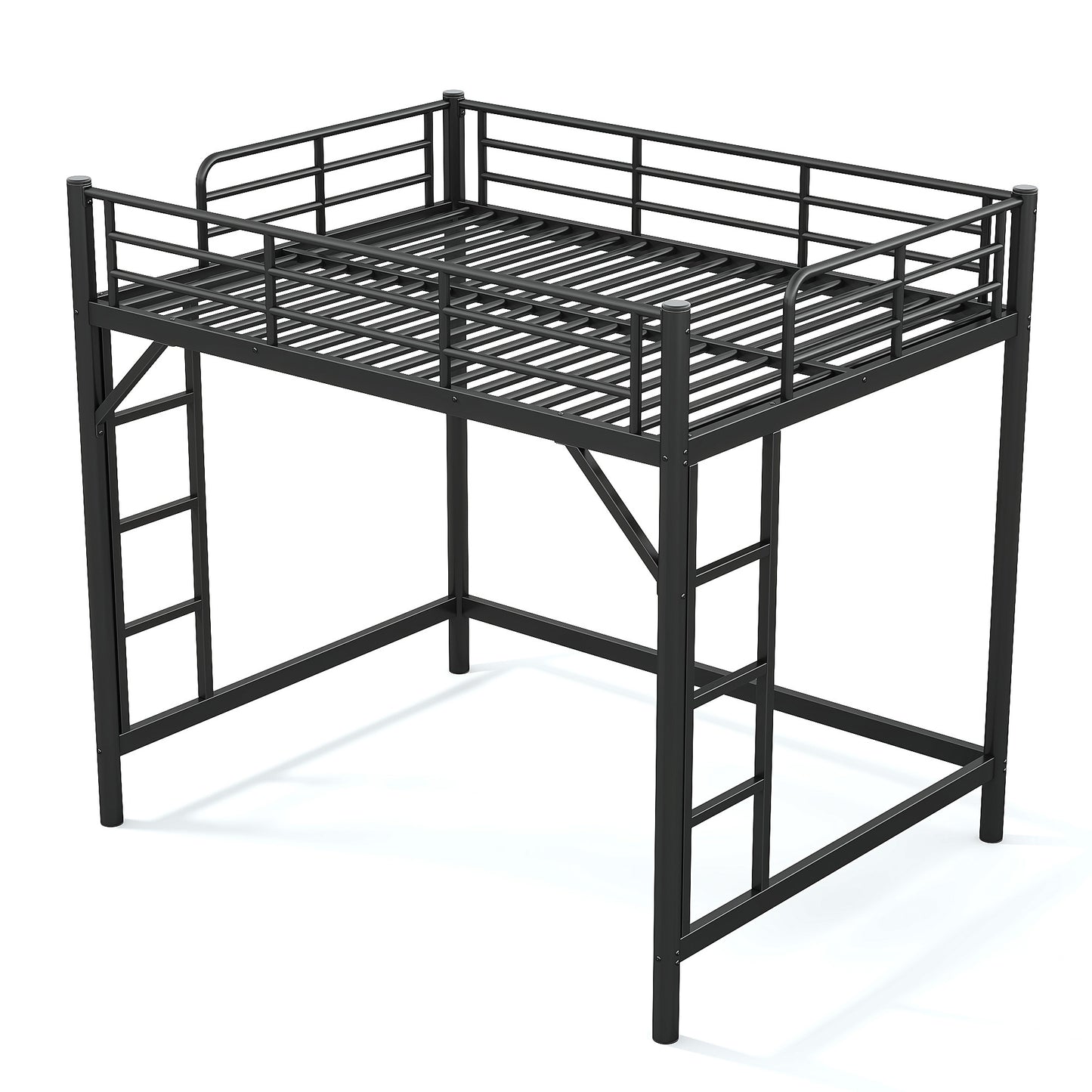 variant-group:rf-w1580p455015|Roomfitters Full Size Metal Loft Bed Frame with Guardrails, Heavy Duty Space Saving High Loft Bed Dual Ladders, Black