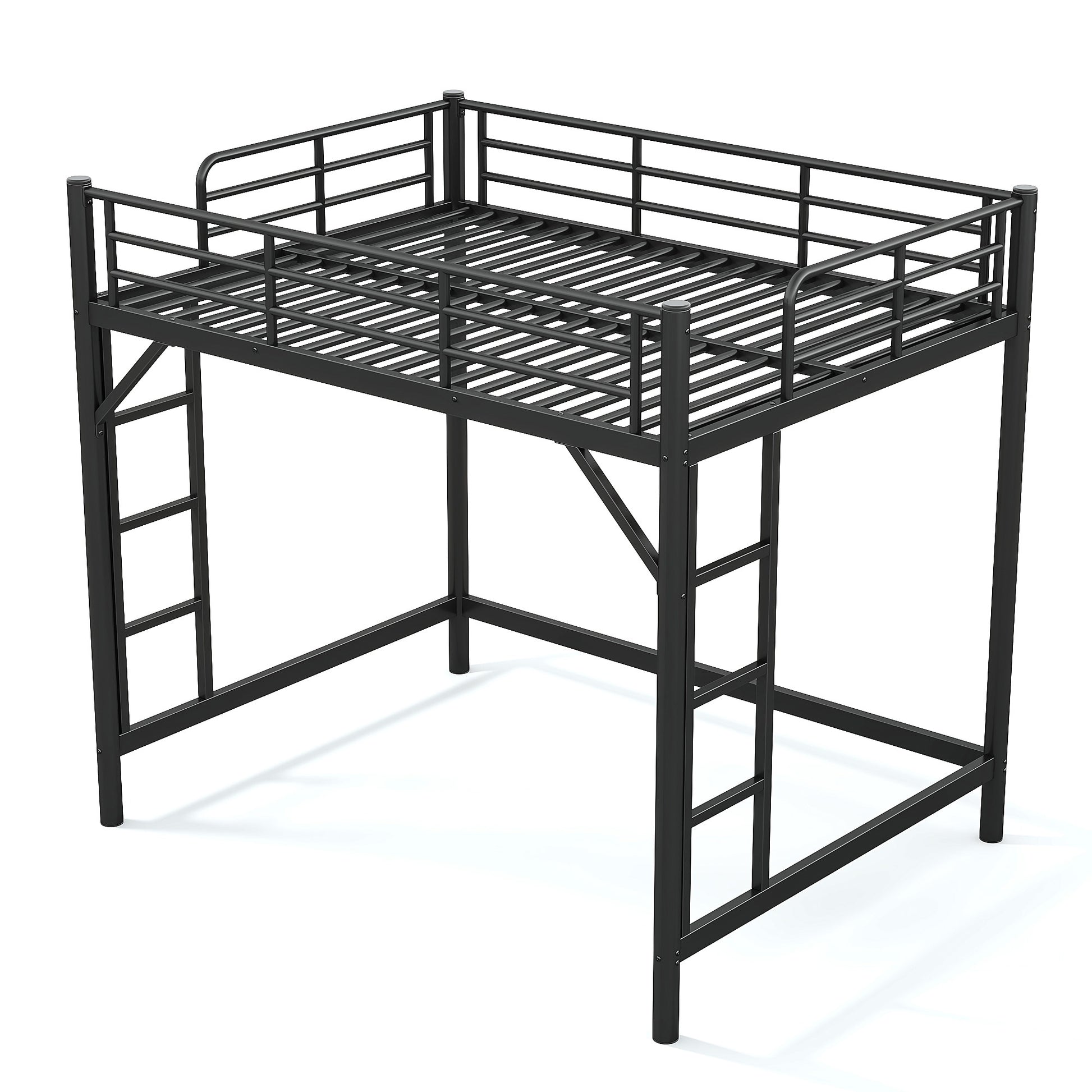 variant-group:rf-w1580p455015|Roomfitters Full Size Metal Loft Bed Frame with Guardrails, Heavy Duty Space Saving High Loft Bed Dual Ladders, Black