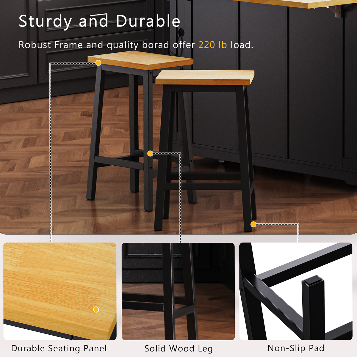 variant-group:rf-n707s003007b|Roomfitters 53" Kitchen Island with 2 Bar Stools, Drop Leaf, Power Outlet, Rolling Kitchen Cart Set with Storage, Black