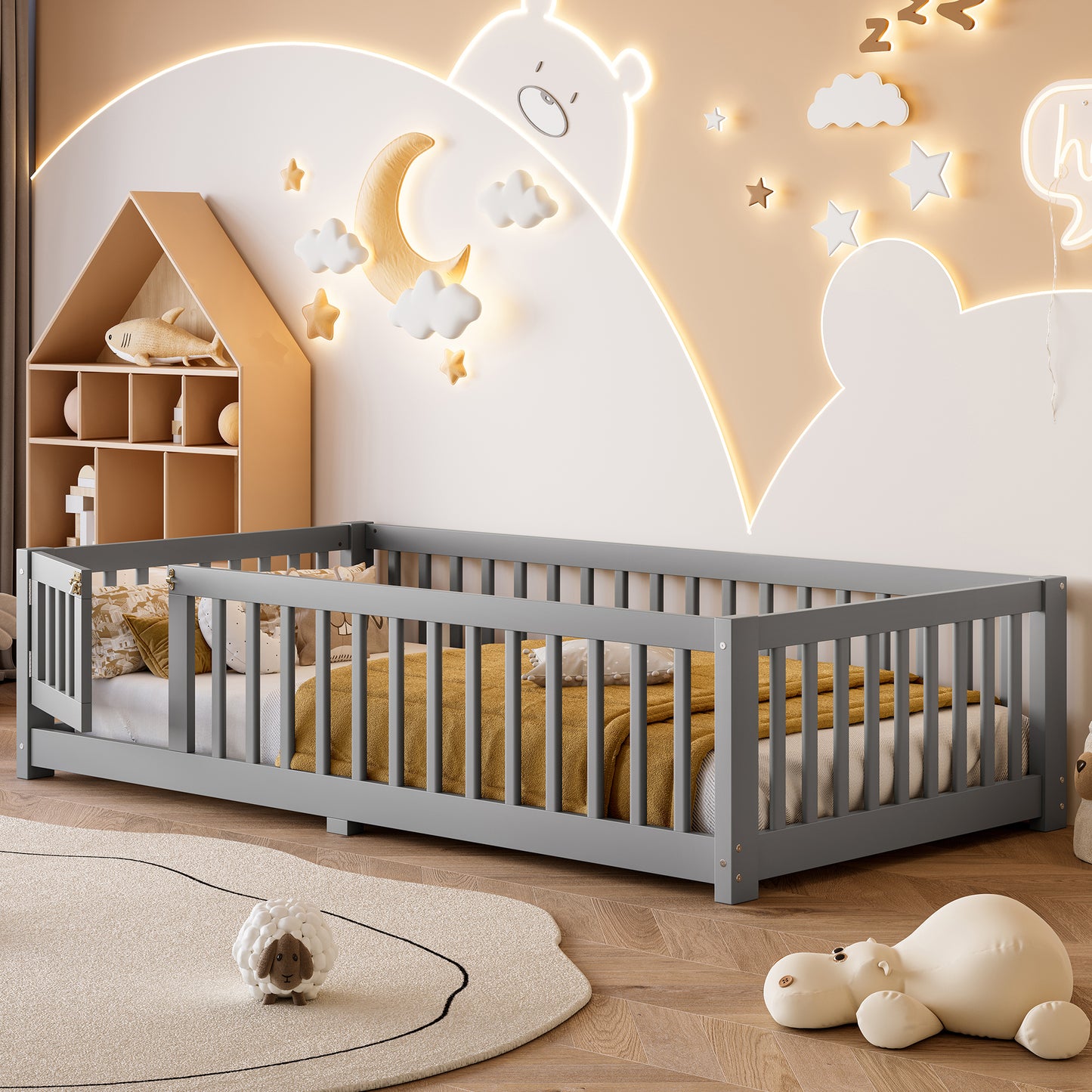 variant-group:rf-w1580p338948|Roomfitters Wooden Twin Floor Bed Frame with Door & Safety Guardrails, Low Platform Design for Bedroom or Playroom, Gray