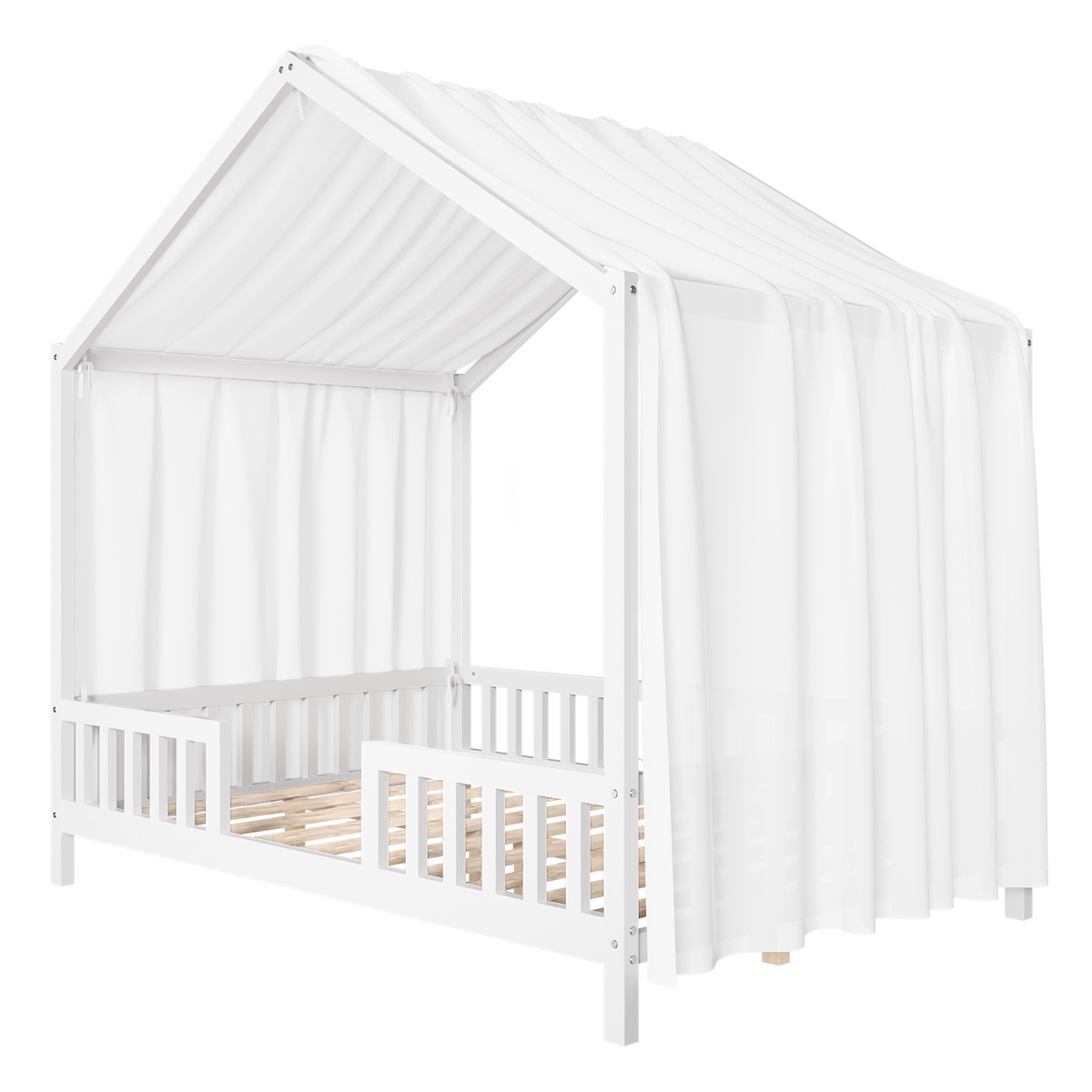 variant-group:rf-n733p356048k|Roomfitters Full Montessori Floor Bed with Canopy, House Shape Wood Frame with Safety Rails, Platform Bed, White