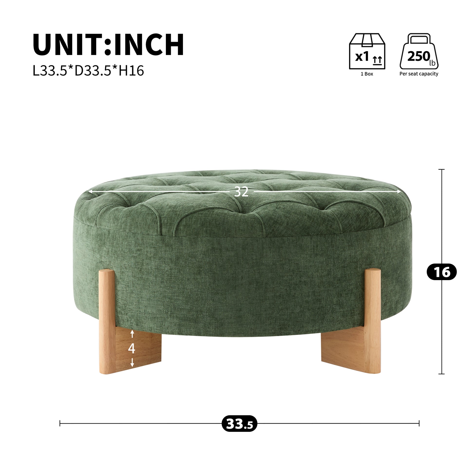 variant-group:rf-n723p405298g|Roomfitters 32 Inch Oversized Round Button-Tufted Ottoman, Upholstered Coffee Table Footrest with Wood Legs, Green