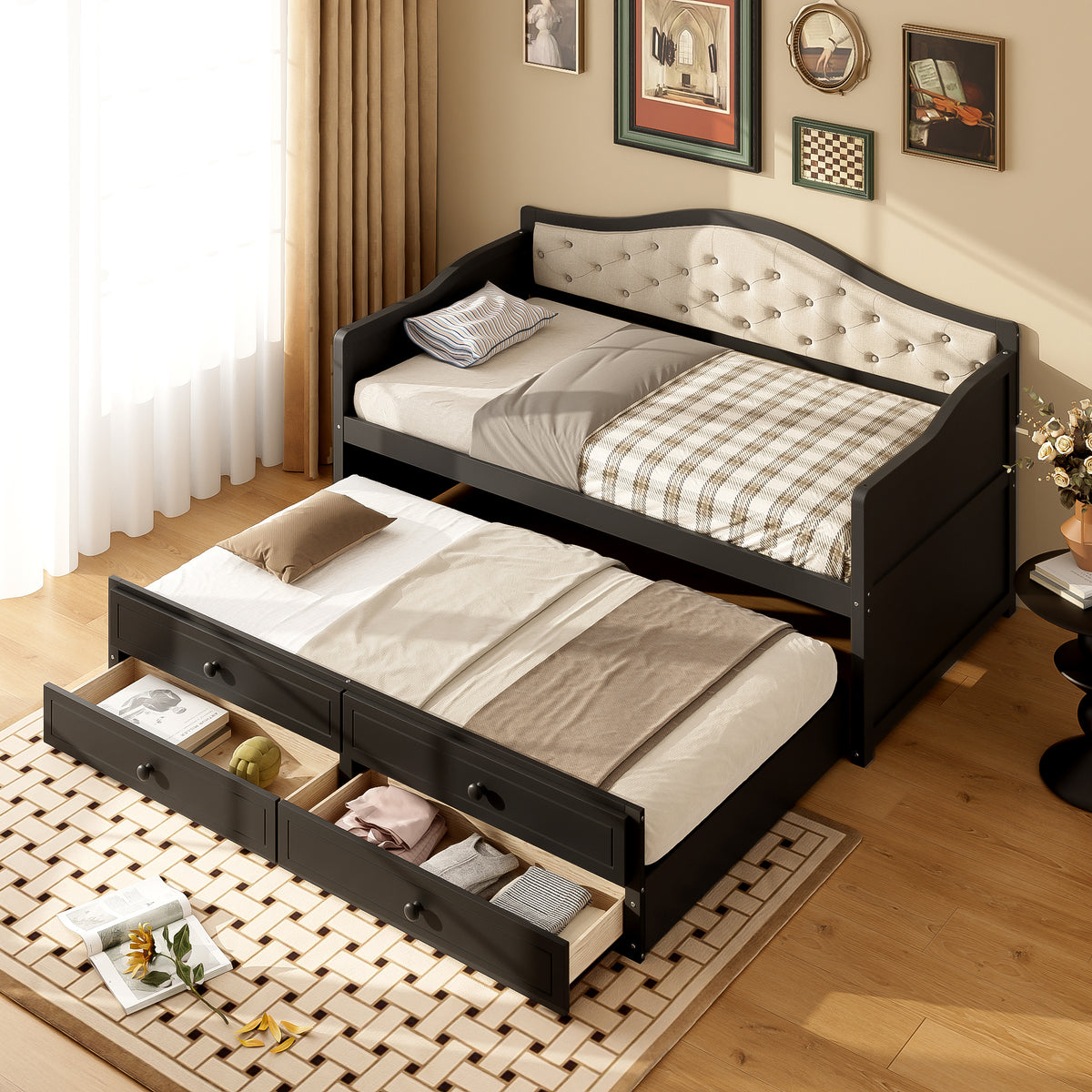 variant-group:rf-n733s346767p|Roomfitters Twin Daybed with Trundle, Wooden Sofa Bed with 2 Storage Drawers & Tufted Backrest, Black