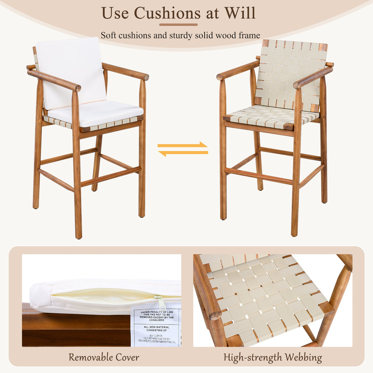 Roomfitters Set of 2 Outdoor Bar Stools with Beige Cushions, Natural Wood High Chairs for Patio Balcony Kitchen, Natural Roomfitters