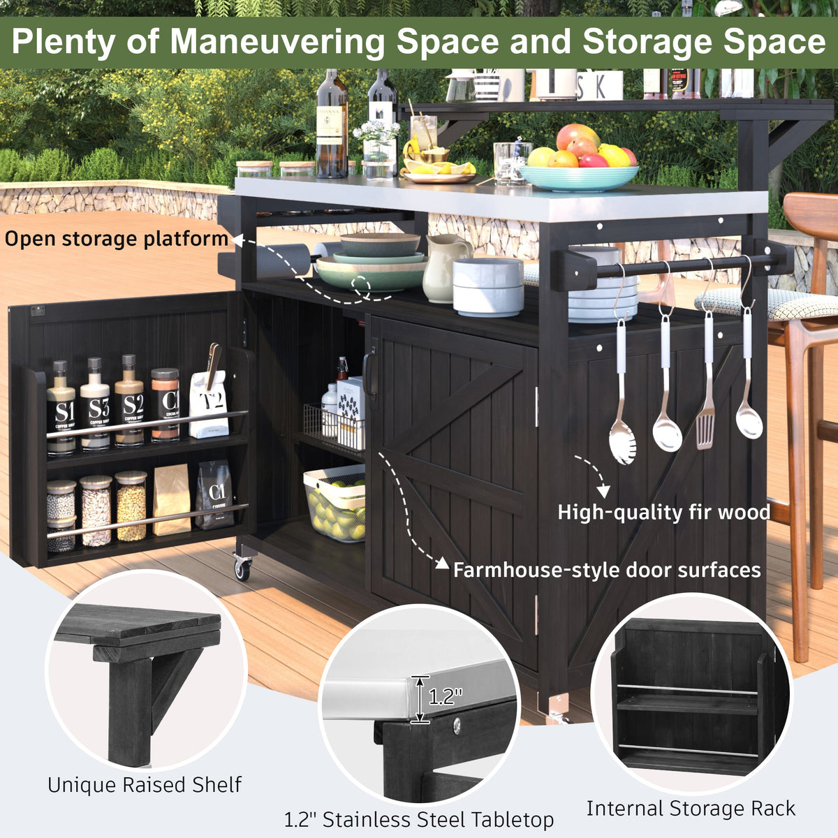 Roomfitters 56.5" Grill Cart, Outdoor Kitchen Island with Stainless Steel Top and Storage Cabinet, BBQ Prep Station, Black