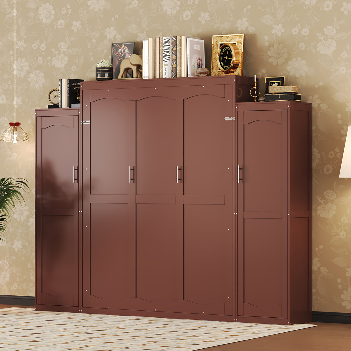 variant-group:rf-n733s235627d|Roomfitters Queen Murphy Wall Bed with Two Wardrobes and Storage Shelf, Foldable Platform Bed Frame for Guest Room, Walnut