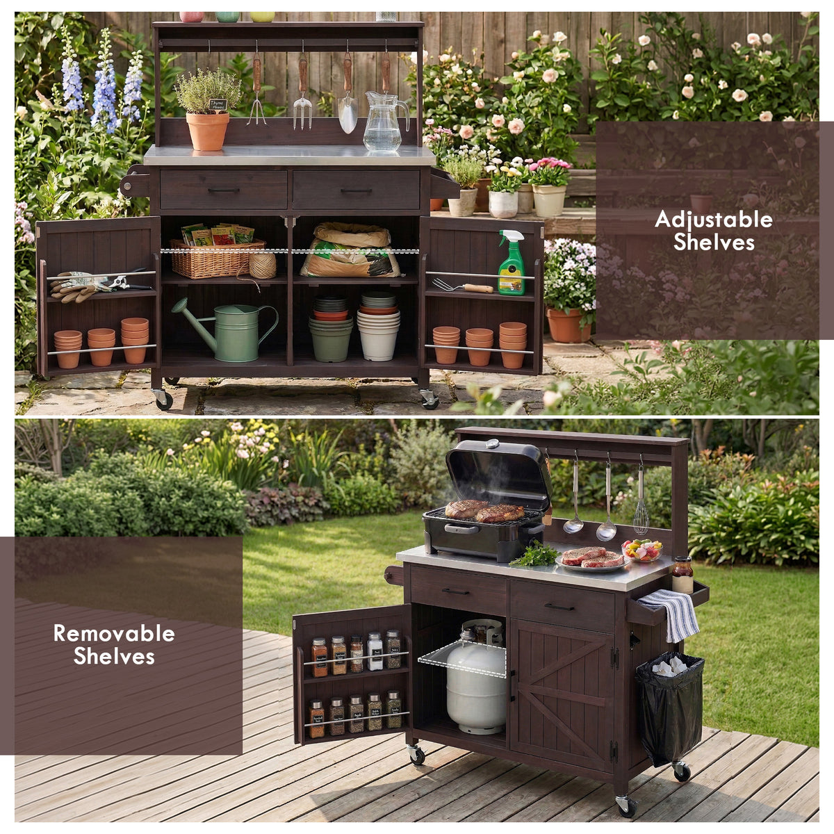 variant-group:rf-n707p409087z|Roomfitters 54.1" Grill Cart, Outdoor Kitchen Prep Station with Stainless Steel Top and Propane Tank Storage, Dark Brown