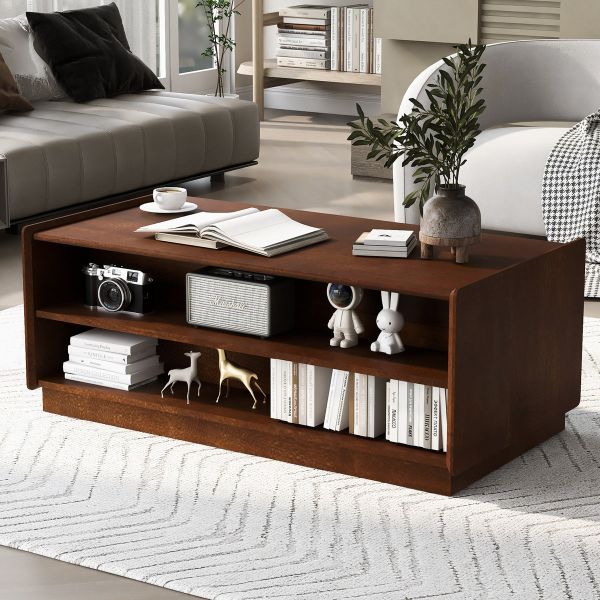 variant-group:rf-n724p286421d|Roomfitters Rectangle Coffee Table with Fluted Style, 4 Storage Compartments and Glass Display Shelves, Brown