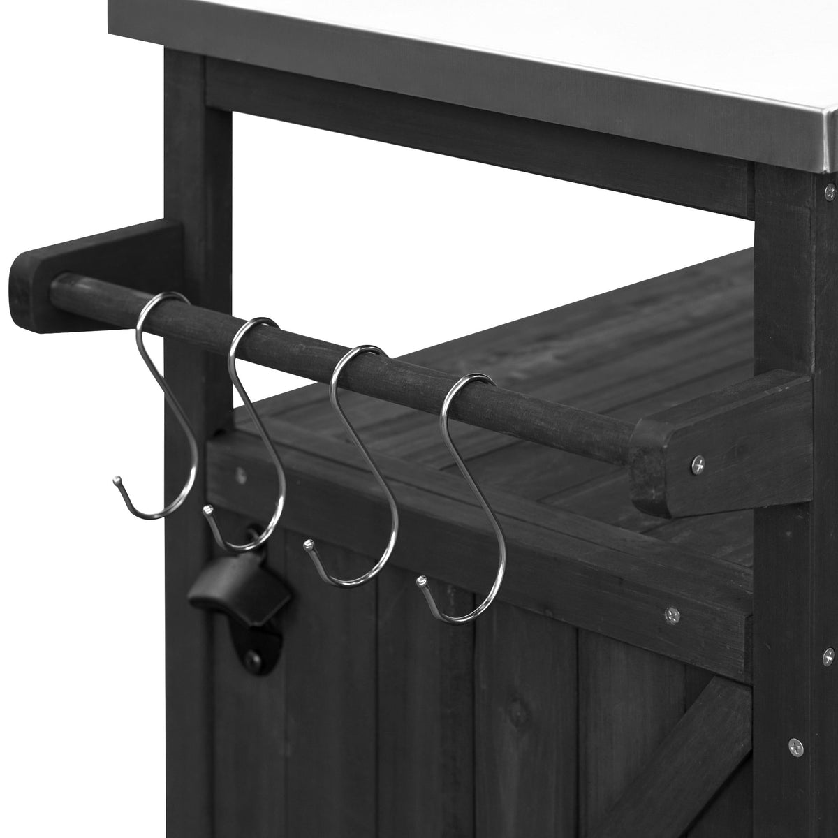 Roomfitters Outdoor Kitchen Island, Rolling Bar Cart with Storage Cabinet, Wood Grill Table, Stainless Steel Top, Spice Rack, Black