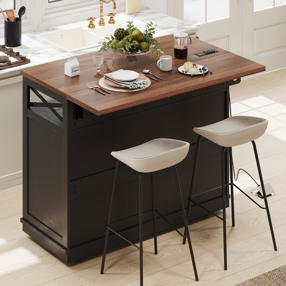 variant-group:rf-n707p254872b|Roomfitters 46.5" Rolling Kitchen Island with Drop Leaf, Mobile Cart with 2 AC Outlets & USB, Beaded Drape & 3 Drawers, Black