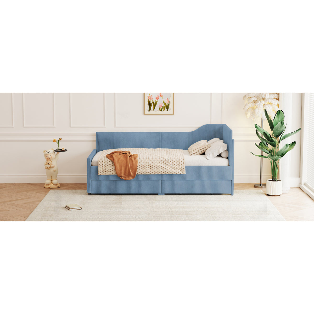 variant-group:rf-n733p171470c|Roomfitters Twin Size L-Shaped Corduroy Daybed, Upholstered Platform Bed Frame with 2 Spacious Storage Drawers for Functional Elegance, Blue