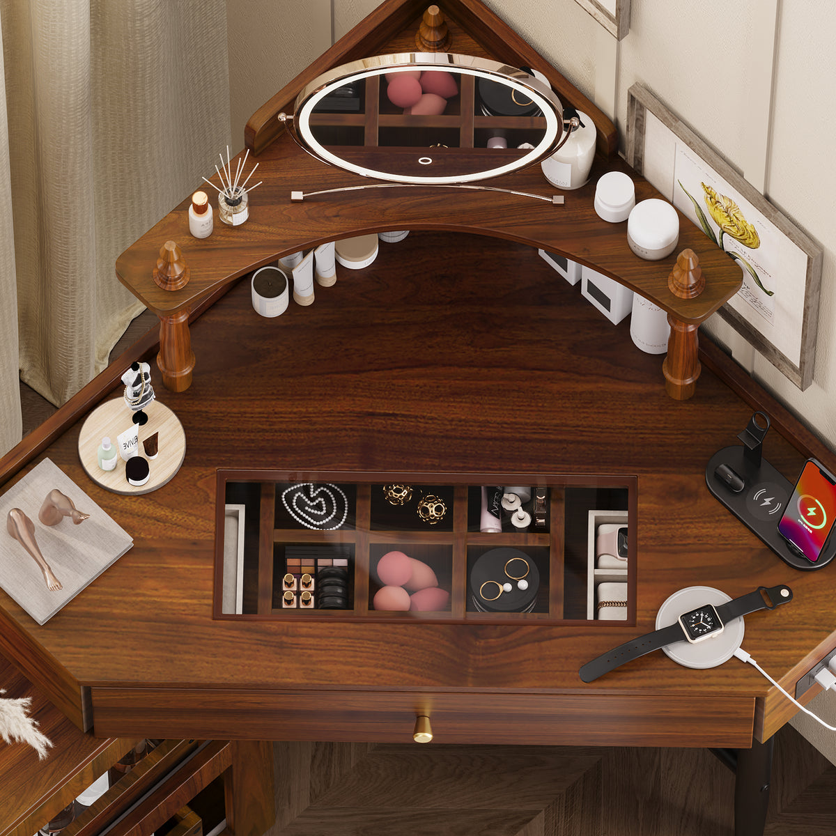 variant-group:rf-n733p336237d|Roomfitters Corner Vanity Desk Set with Stool, Charging Station, Glass Top, Drawer, Shelf, Pull-Out Cabinet, Walnut