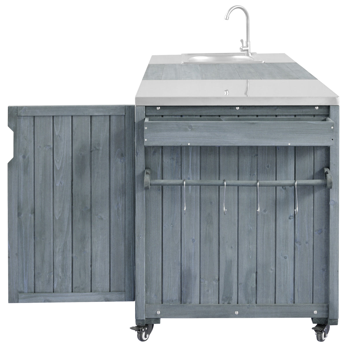 variant-group:rf-n707s000022g|Roomfitters 75.4" Outdoor Kitchen Island with Sink, Fir Wood Grill Cart for XL Green Egg & Tabletop Grills, Grey Blue