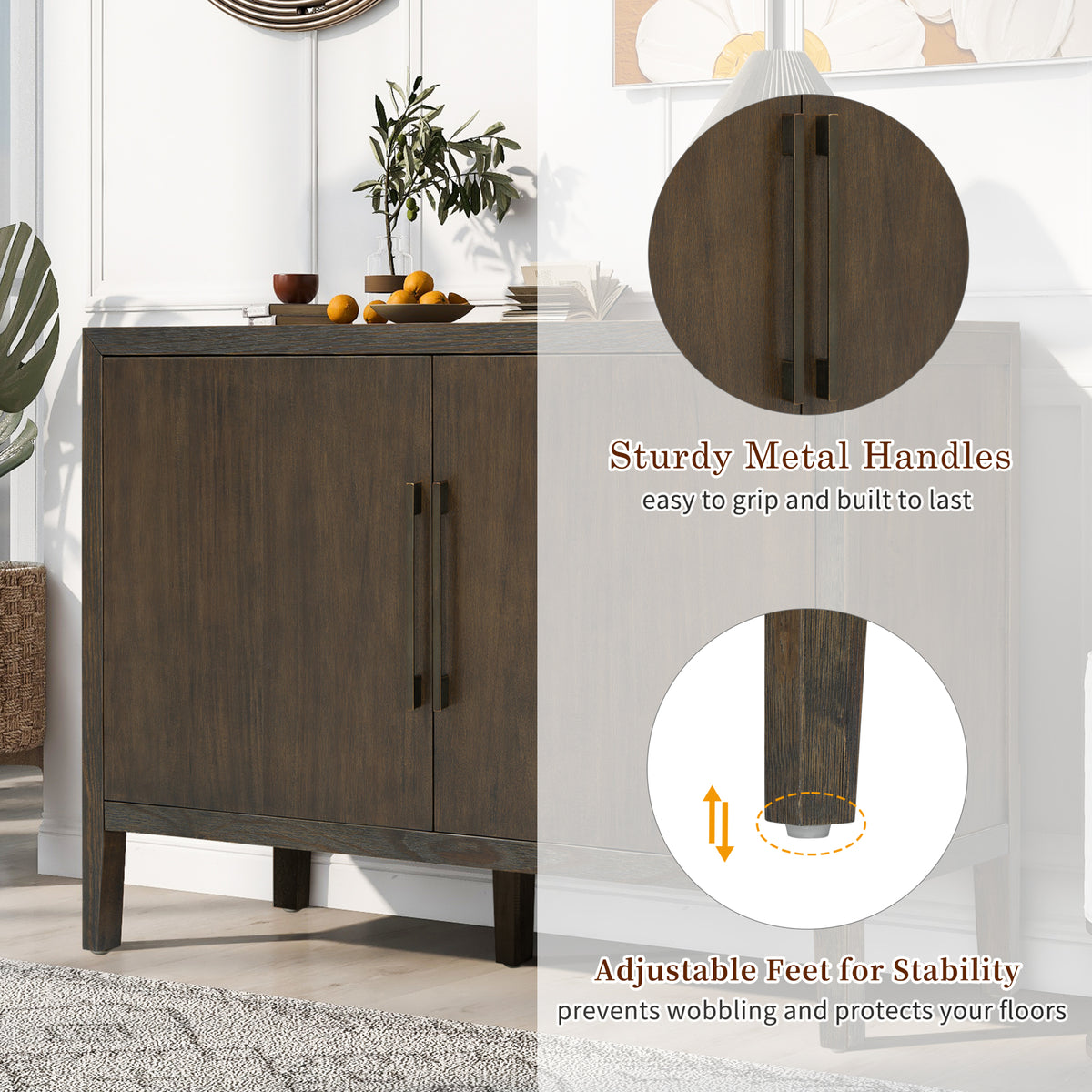 variant-group:rf-n711p410389b|Roomfitters 47.25-Inch Farmhouse Sideboard, 2-Door Buffet Cabinet, Dark Brown Wooden Storage Console, Metal Handles