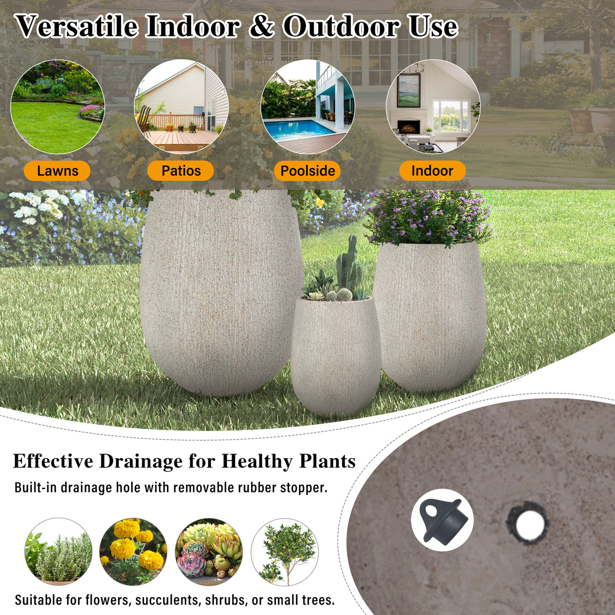 variant-group:rf-n711p406659e|Roomfitters Modern Egg-Shaped MGO Planter Set, 3-Piece Textured Faux Stone Flower Pots, Grey Patio Garden Urns