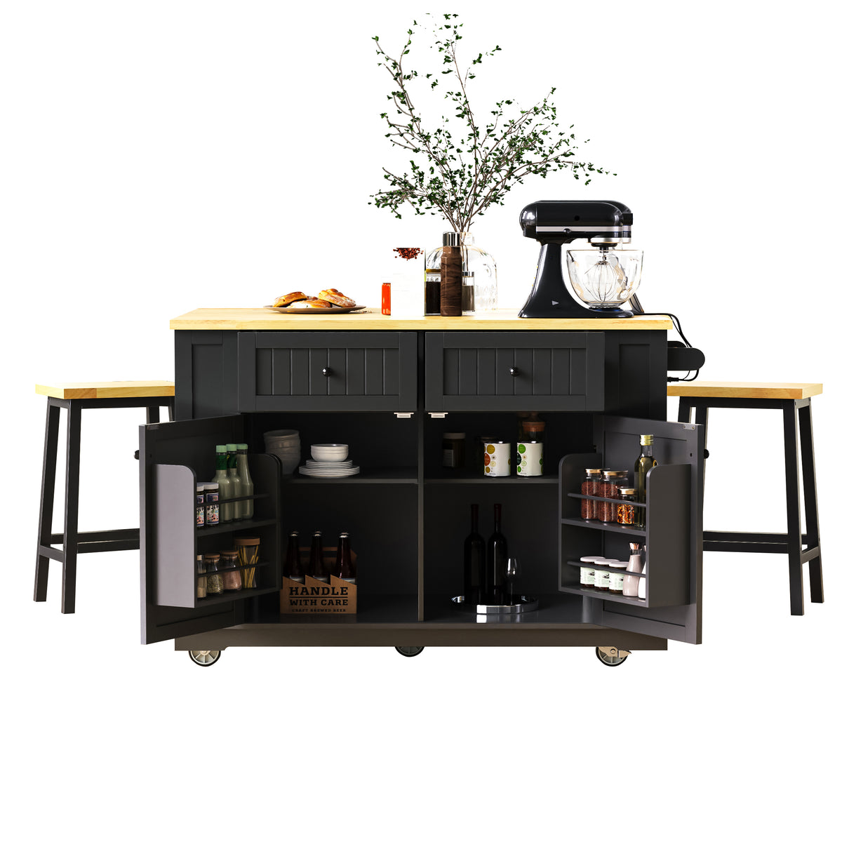 variant-group:rf-n707s257057b|Roomfitters 48" Kitchen Island with Power Outlet and Drop Leaf, Rolling Storage Cabinet with Wood Top and Spice Rack, Black