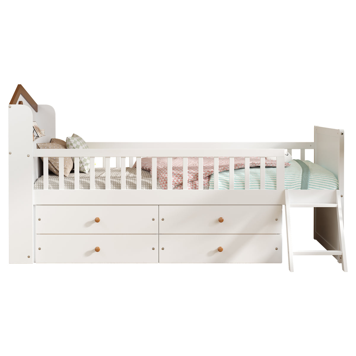 variant-group:rf-n733s278032k|Roomfitters Twin Platform Bed Frame with Four Drawers, Wooden Kids Bed with Guardrail Headboard and Ladder, White
