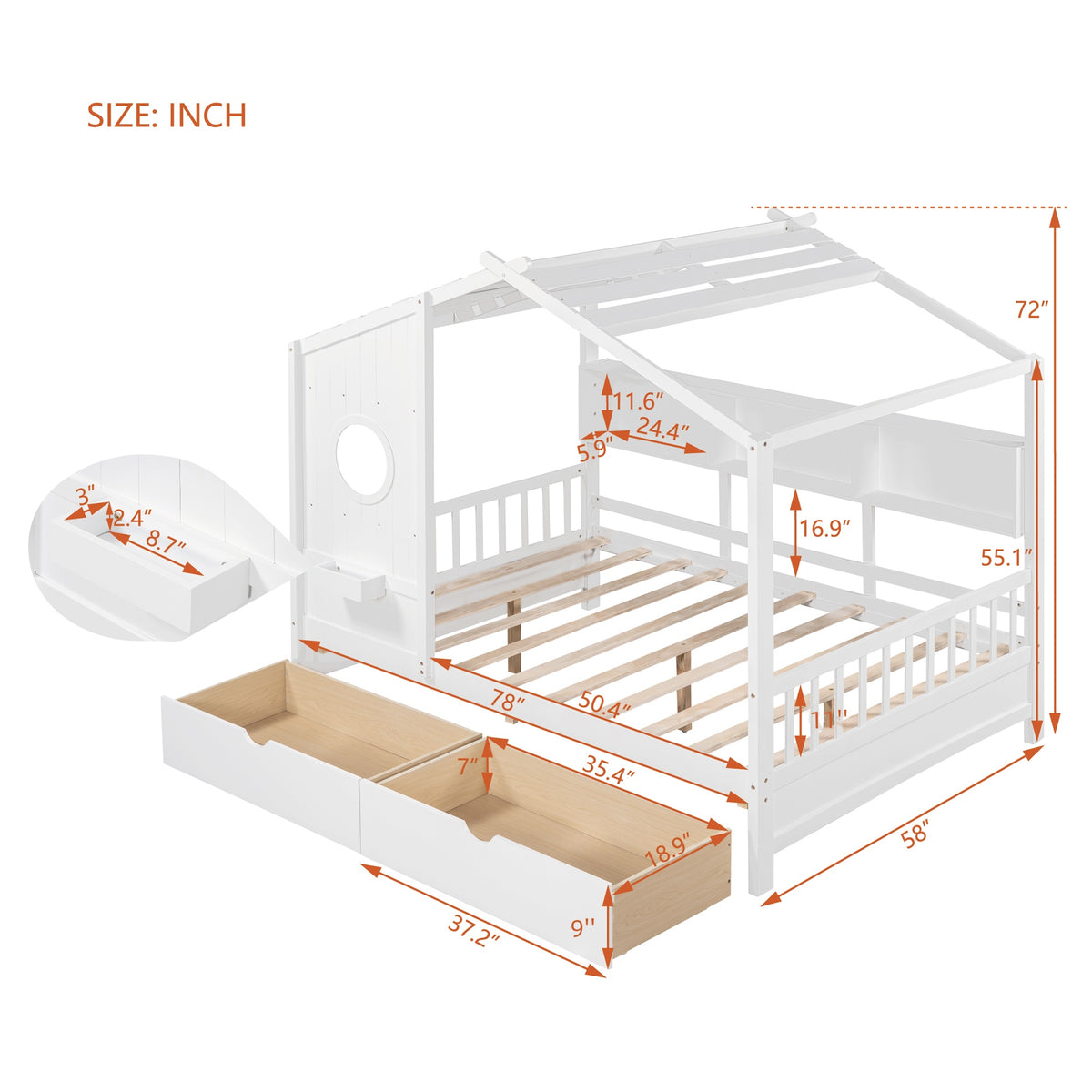 variant-group:rf-n733s308487k|Roomfitters Wooden Full Size House Bed with 2 Drawers and Storage Shelf, White
