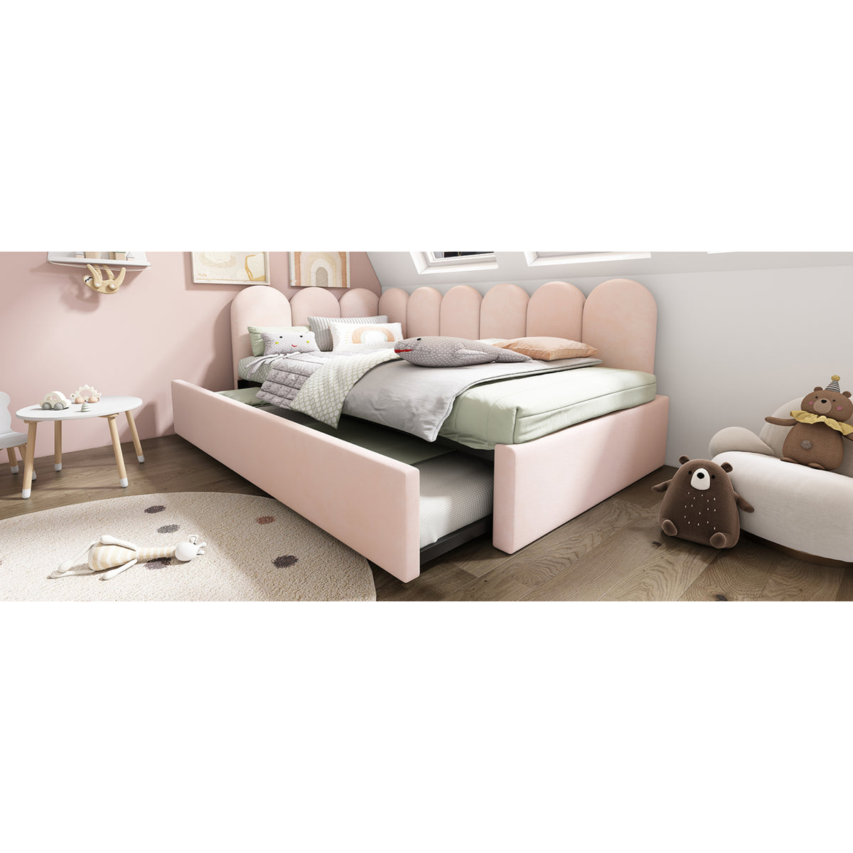 variant-group:rf-n736aa20362122p|Roomfitters Velvet Upholstered Twin Daybed with Pull Out Trundle, Sofa Bed with Metal Slat Frame, Pink