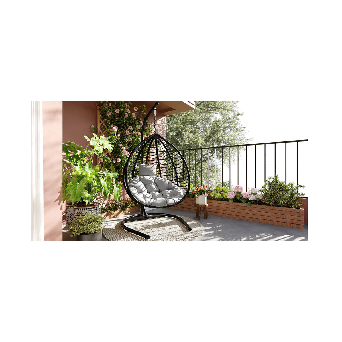 variant-group:rf-n711p389502e|Roomfitters Indoor Outdoor Hanging Egg Hammock Chair with Stand, Wicker Rattan Swing for Patio and Bedroom, Black+ Gray
