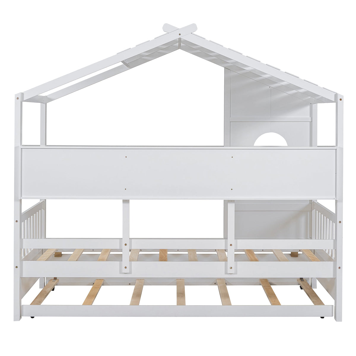 Roomfitters Wooden Twin Size House Bed with Trundle and Storage Shelf, White