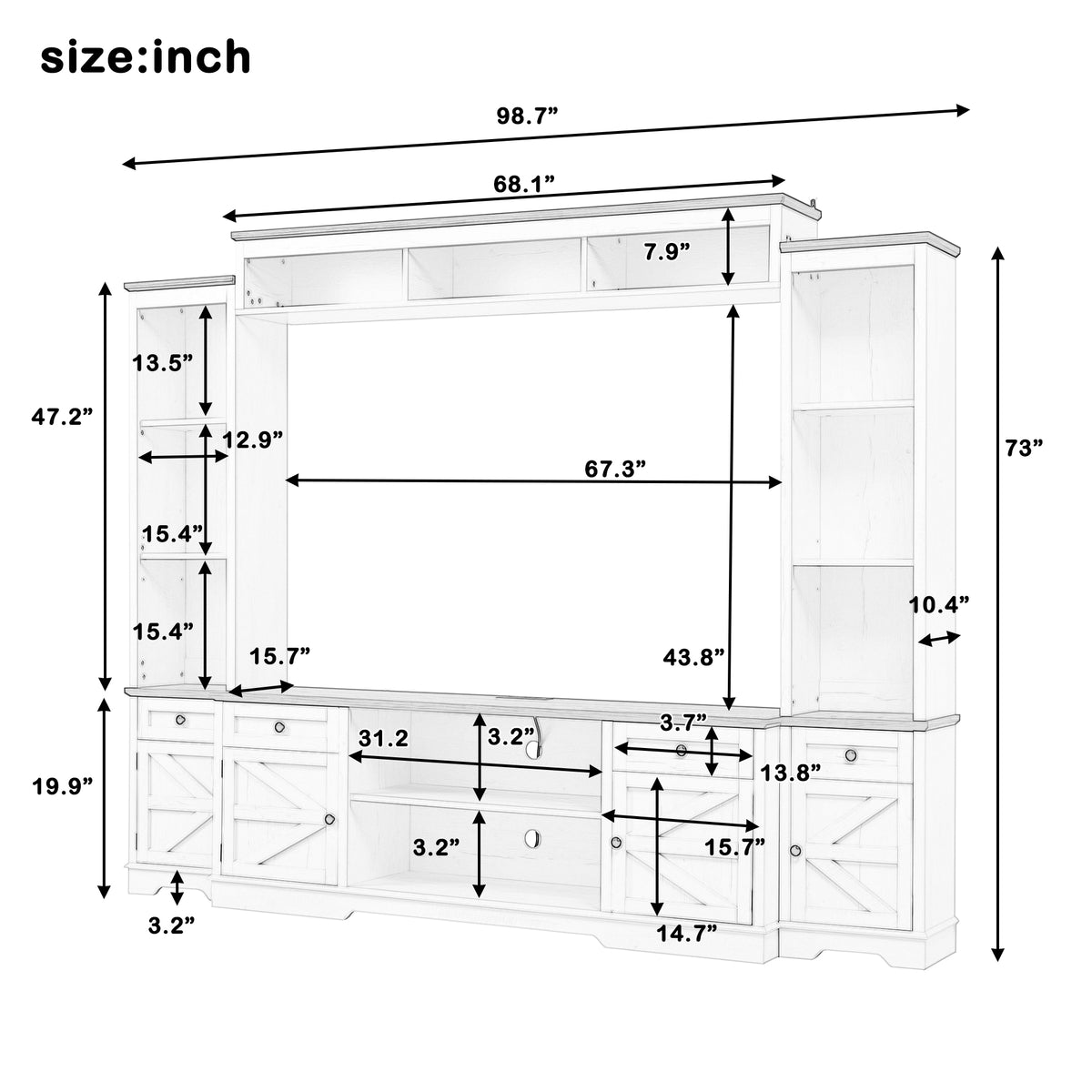 variant-group:rf-n724sj000154aak|Roomfitters 98.8"W Farmhouse Wall Unit Entertainment Center, 4 Barn Doors, White & Walnut