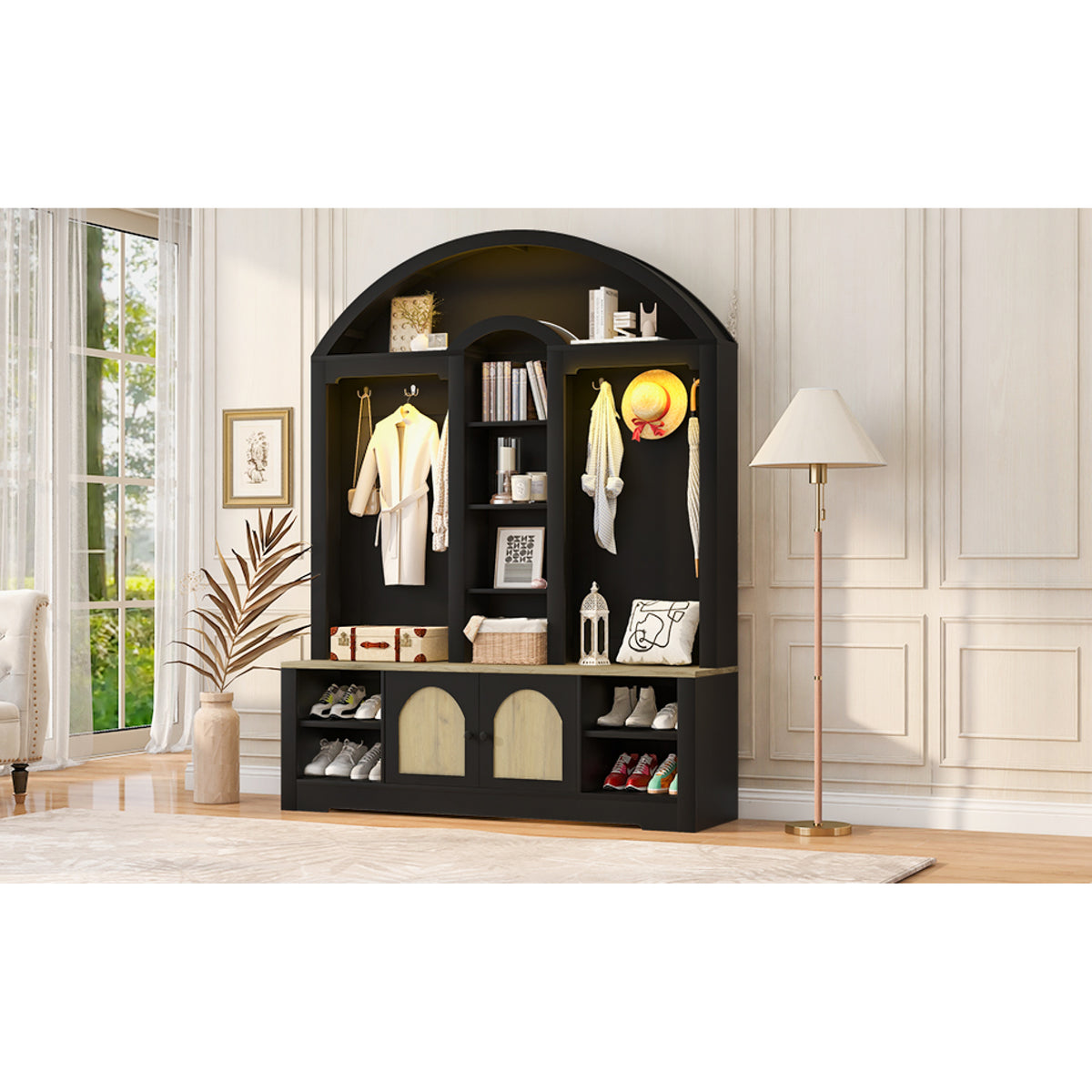 variant-group:rf-n724sj000158aab|Roomfitters Multi-Functional Curved Entrance Wardrobe, Hall Tree, Black & Natural