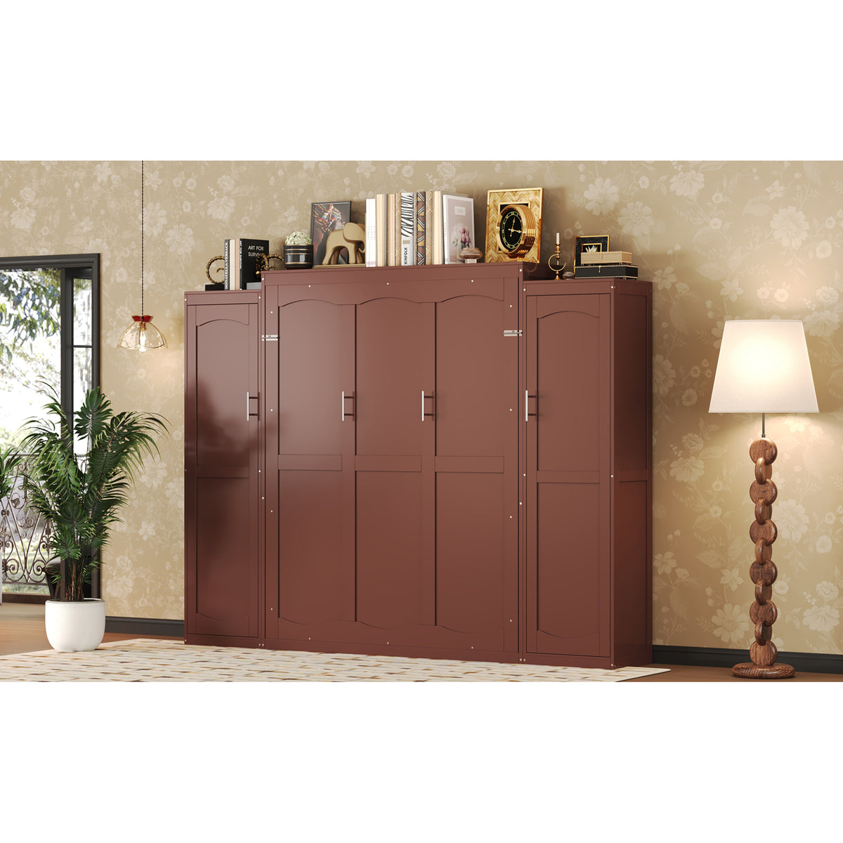 variant-group:rf-n733s235596d|Roomfitters Full Murphy Wall Bed with Two Wardrobes and Storage Shelf, Foldable Platform Bed Frame for Guest Room, Walnut