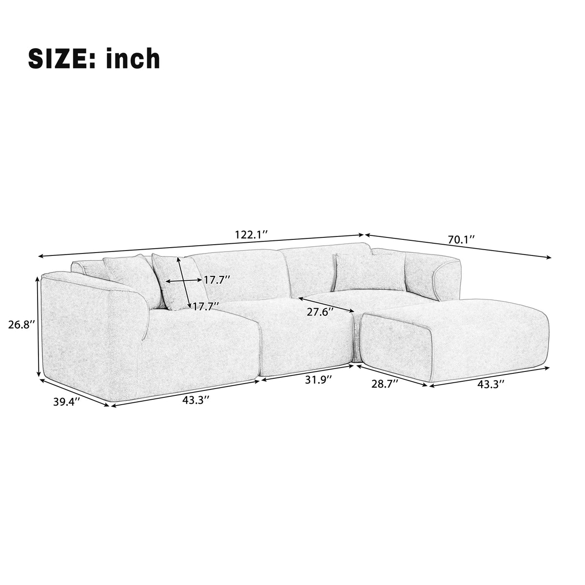 variant-group:rf-n711wy000450aae|Roomfitters Modern Velvet Sectional Sofa with Detachable Ottoman, 4-Seater Couch with Pillows for Living Room, Gray