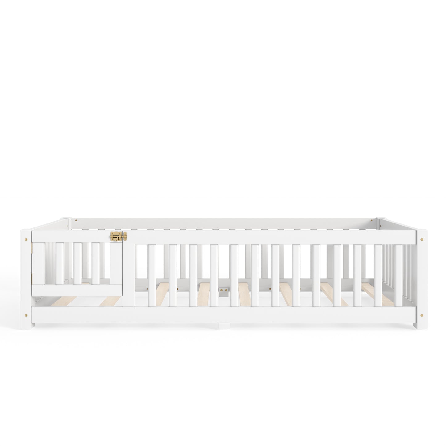 variant-group:rf-w1580p462311|Roomfitters Twin Size Wooden Floor Bed Frame with Safety Guardrails Door, Solid Wood Low Profile Toddler Play Bed, White