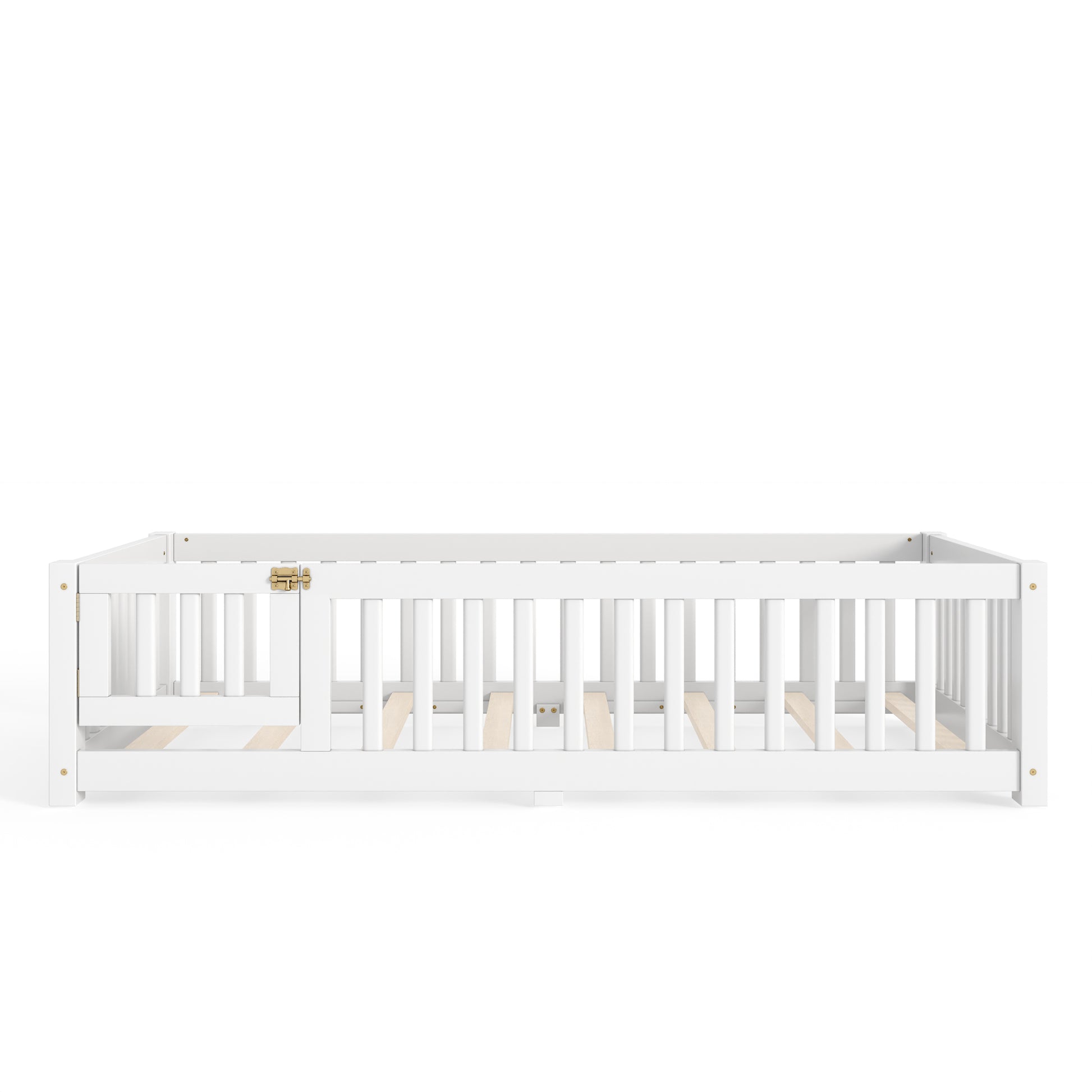 variant-group:rf-w1580p462311|Roomfitters Twin Size Wooden Floor Bed Frame with Safety Guardrails Door, Solid Wood Low Profile Toddler Play Bed, White