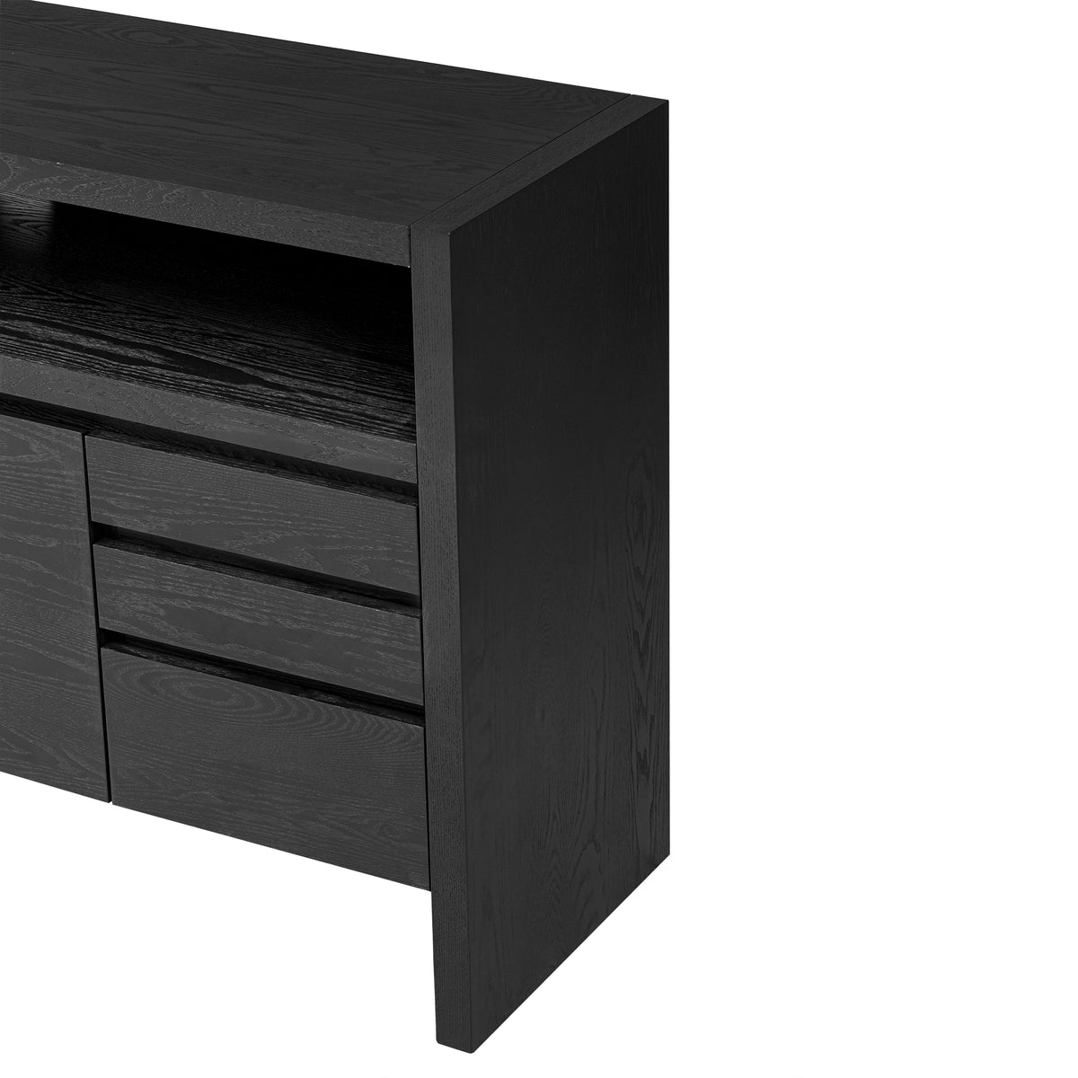 variant-group:rf-n711p289141b|Roomfitters 60" Modern Solid Wood Veneer Sideboard with 3 Doors & 3 Drawers, Open Shelf & Cable Cutout, Large Storage Cabinet for Dining, Hallway, Living Room, Black