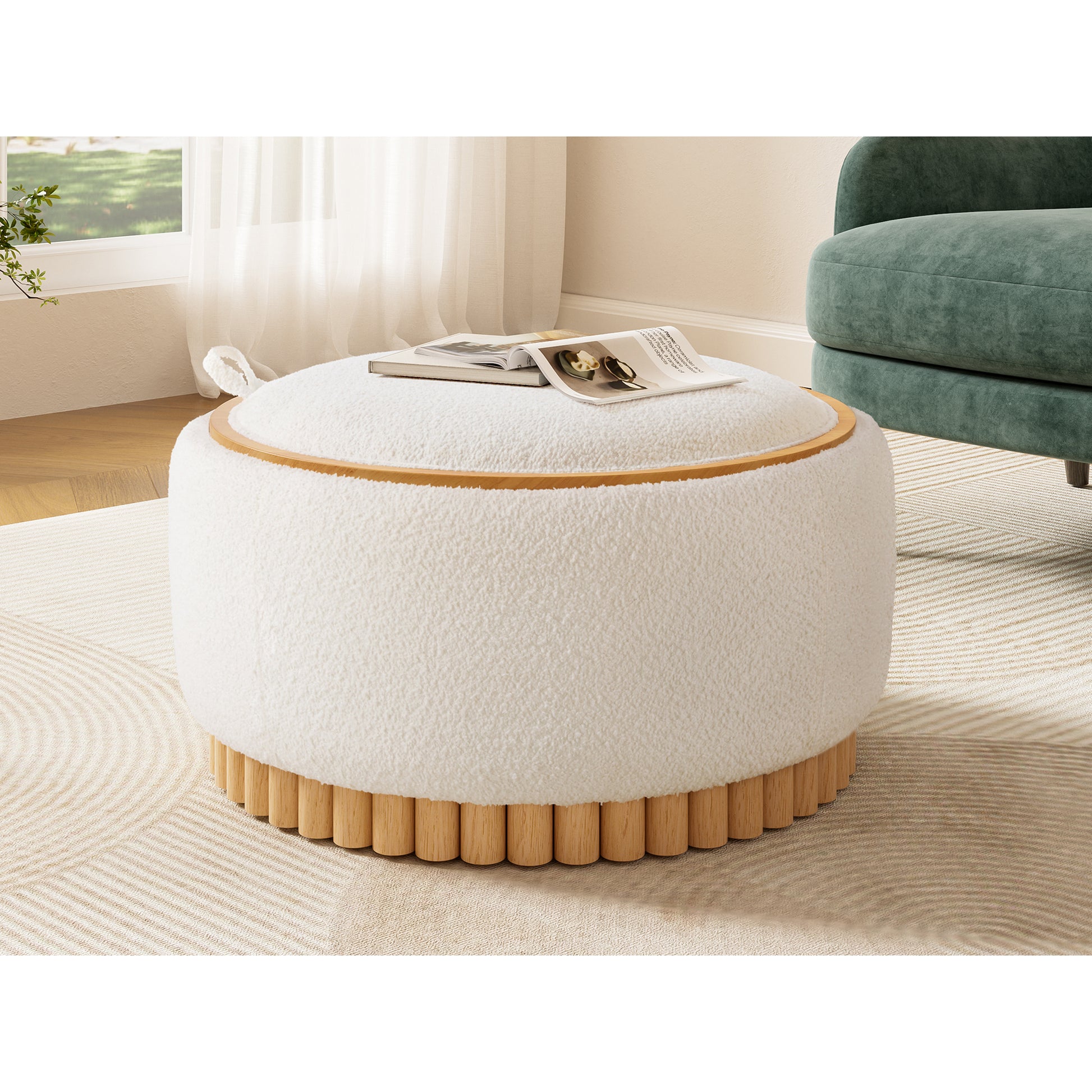 variant-group:rf-n723p405304a|Roomfitters 29 Inch Round Storage Ottoman with Reversible Wooden Tray Top, Upholstered Coffee Table for Living Room, Beige