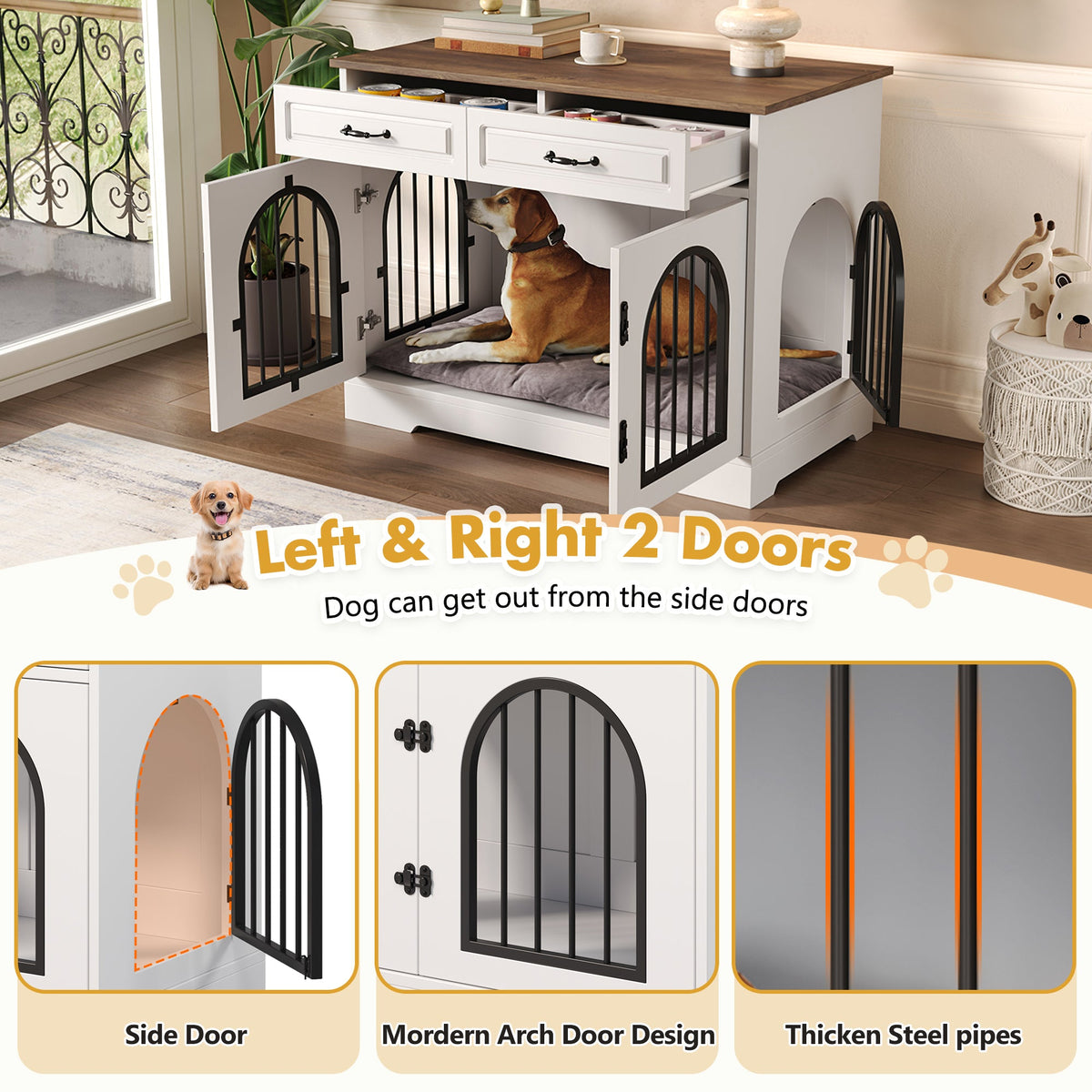 Roomfitters 43-Inch Heavy Duty Indoor Dog Crate Furniture End Table with Escape Proof Arched Doors White Brown Roomfitters