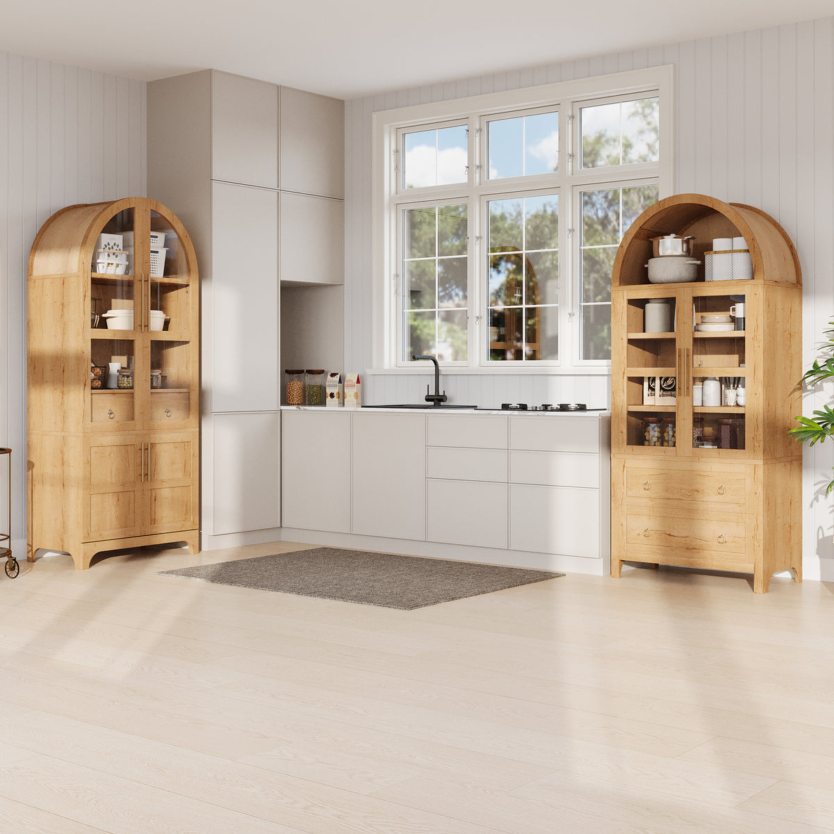 variant-group:rf-n707s288969y|Roomfitters 71" Pantry Cabinet with Arched Top & Glass Doors, 4-Door Storage Hutch with Adjustable Shelves for Kitchen, Natural