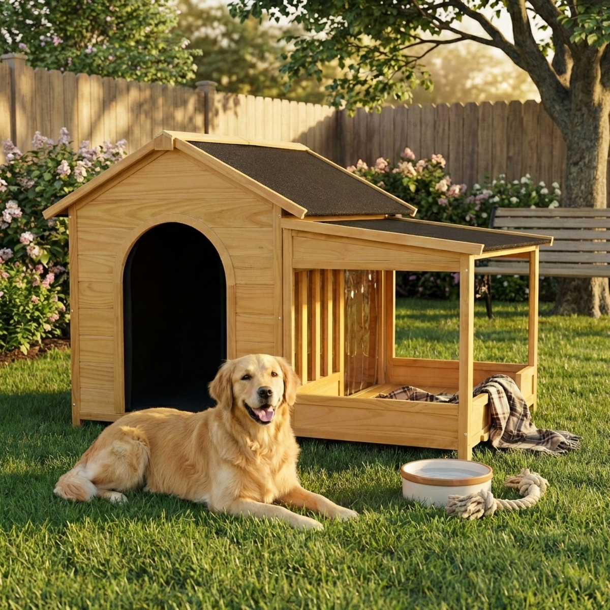 Roomfitters 60-Inch Large Outdoor Dog House with Removable Insulated Liner Weatherproof Porch and Asphalt Roof Natural Roomfitters