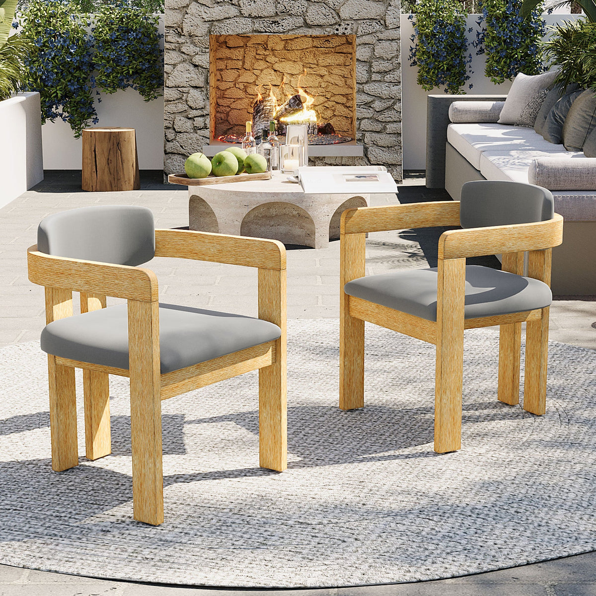 Roomfitters Set of 2 Outdoor Acacia Wood Dining Chairs with Fixed Ergonomic Wraparound Backrest Gray Cushions Roomfitters