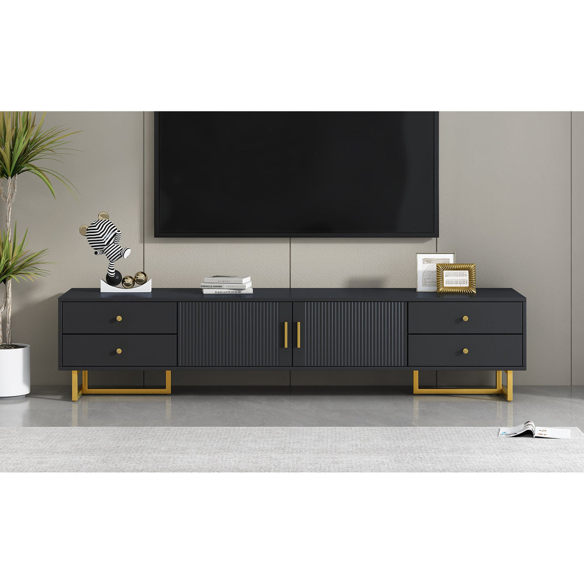 Roomfitters Modern TV Stand for 65 Inch TV and Above, Entertainment Console Cabinet with Storage Compartments, Black Roomfitters